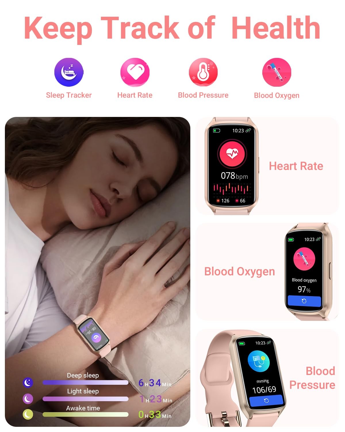 Health Fitness Tracker with 24/7 Heart Rate, Blood Oxygen, Blood Pressure, Sl…
