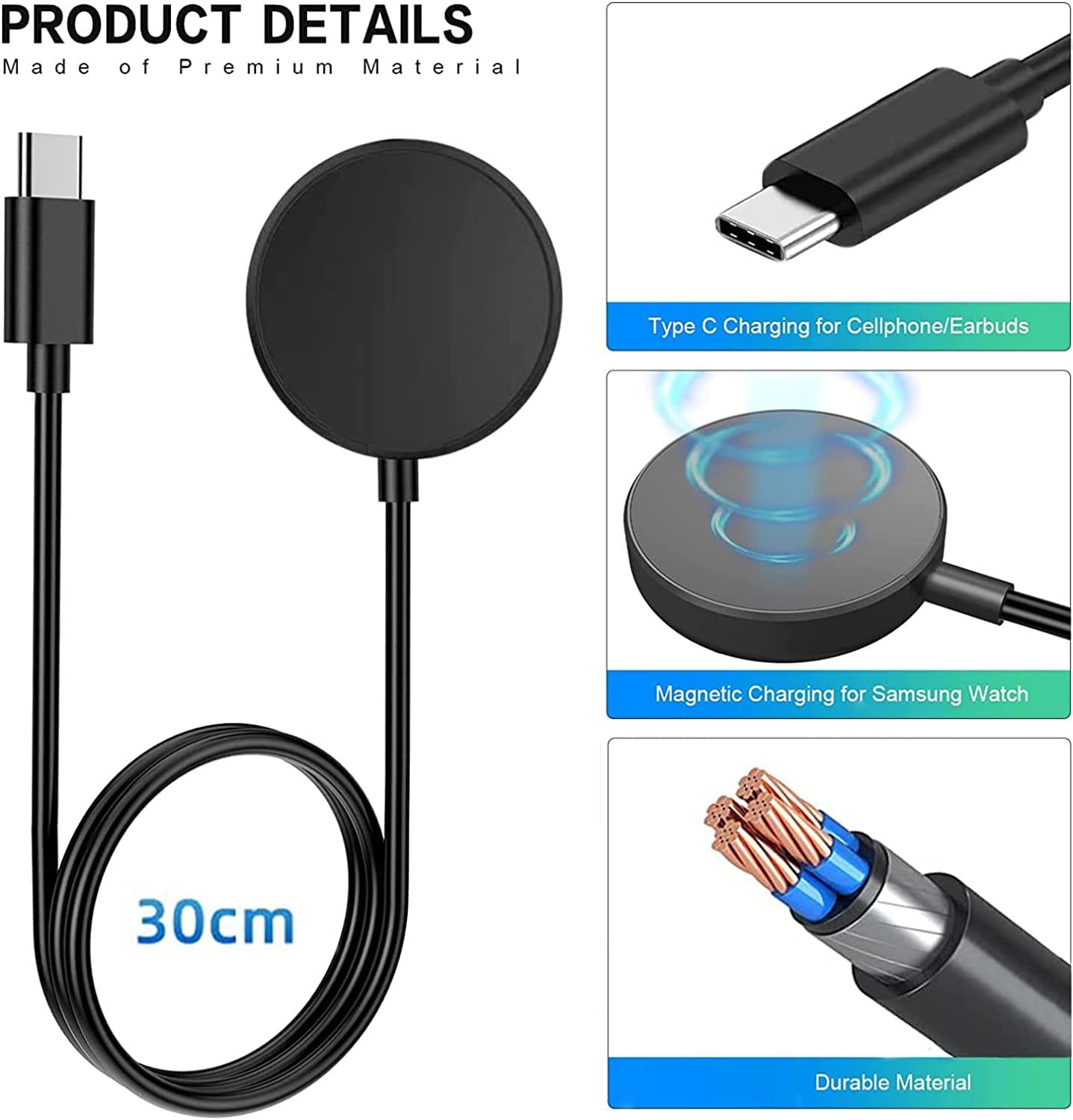 Magnetic Charging Dock Cable for Samsung Galaxy Watch 3 4 5 6 USB C 3.3FT