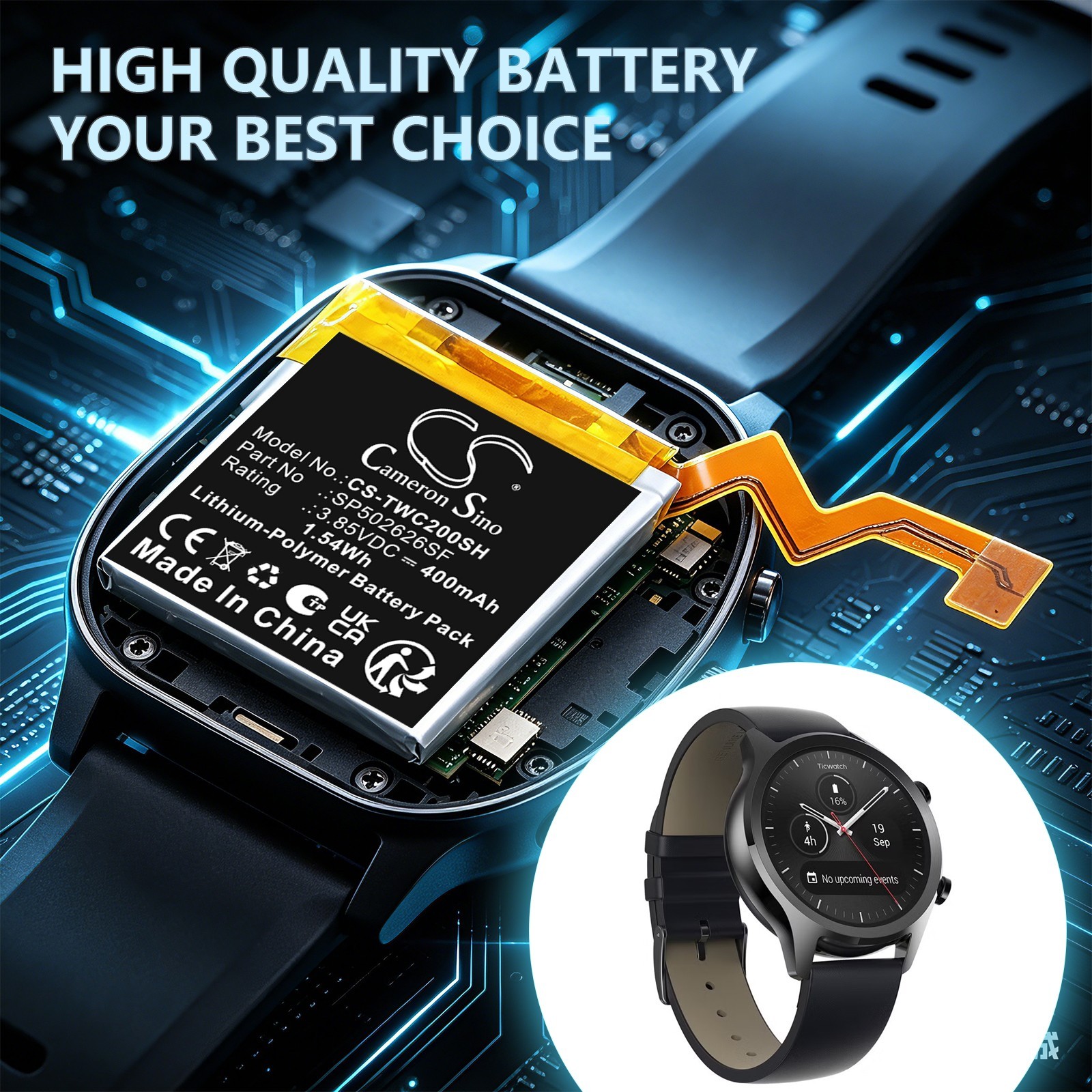 BATTERIE Li-Polymer 3.85V 400mAh Type SP502626SF For Ticwatch C2