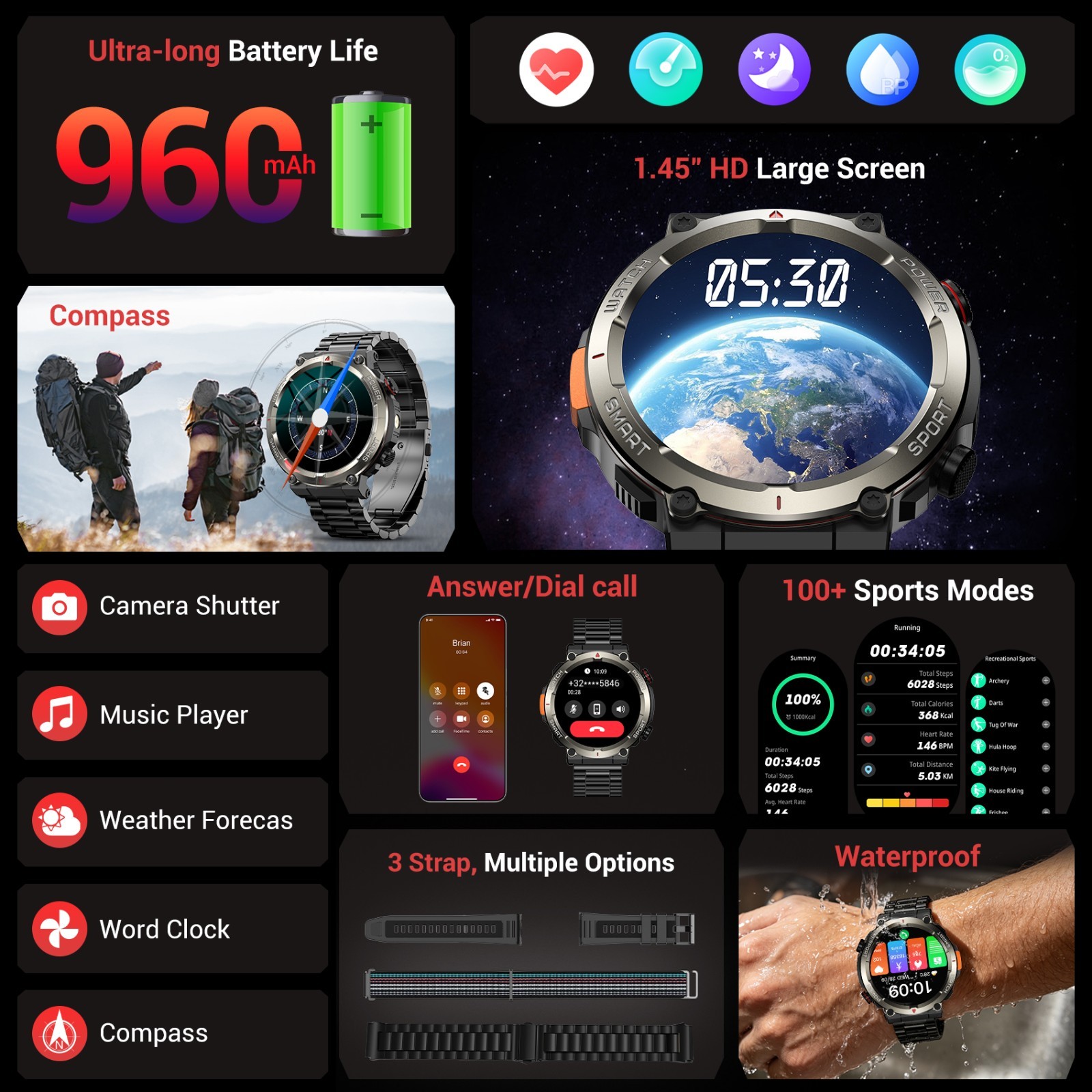 Military Smart Watch Men Bluetooth Call Rugged Fitness Tracker for Android iOS