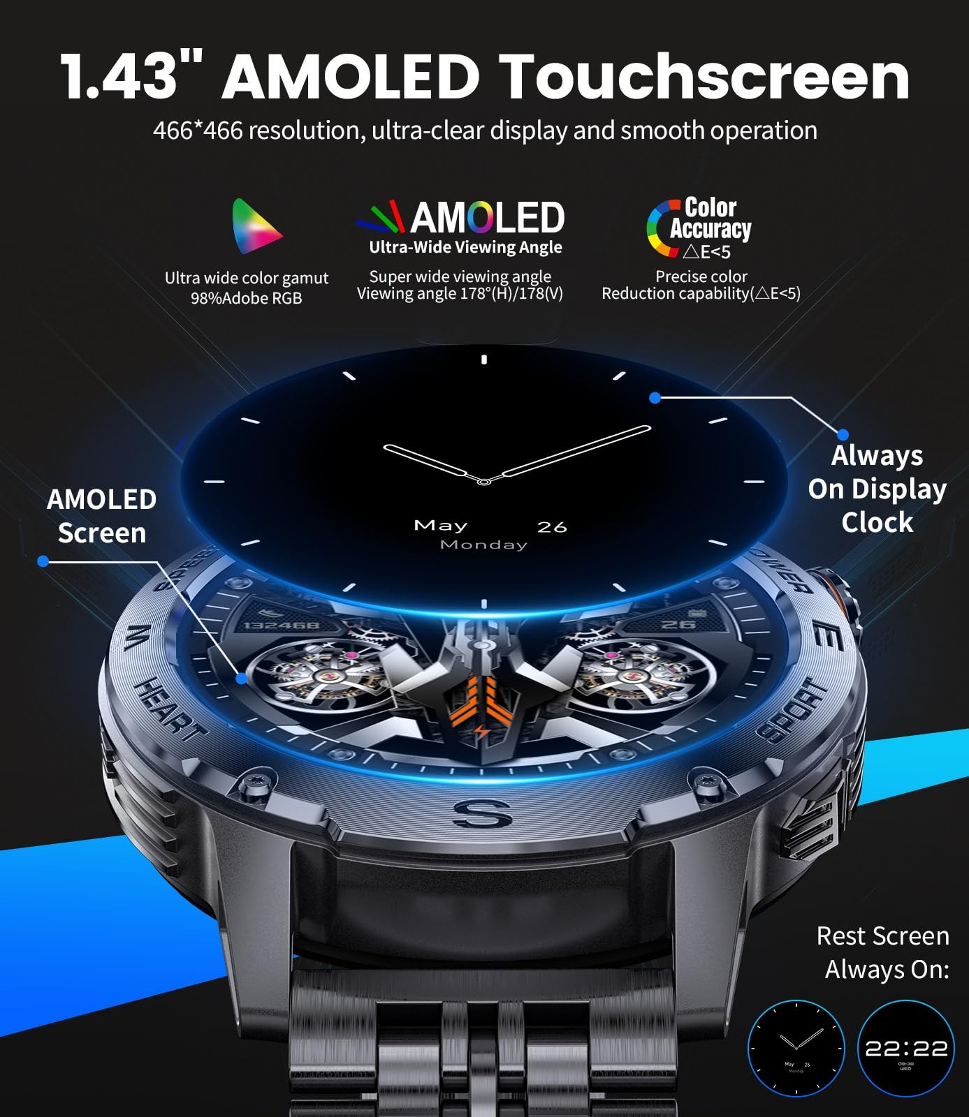 Limige Military Smart Watch For Men 1.43 Amoled Rugged Smart Watch 600Mah