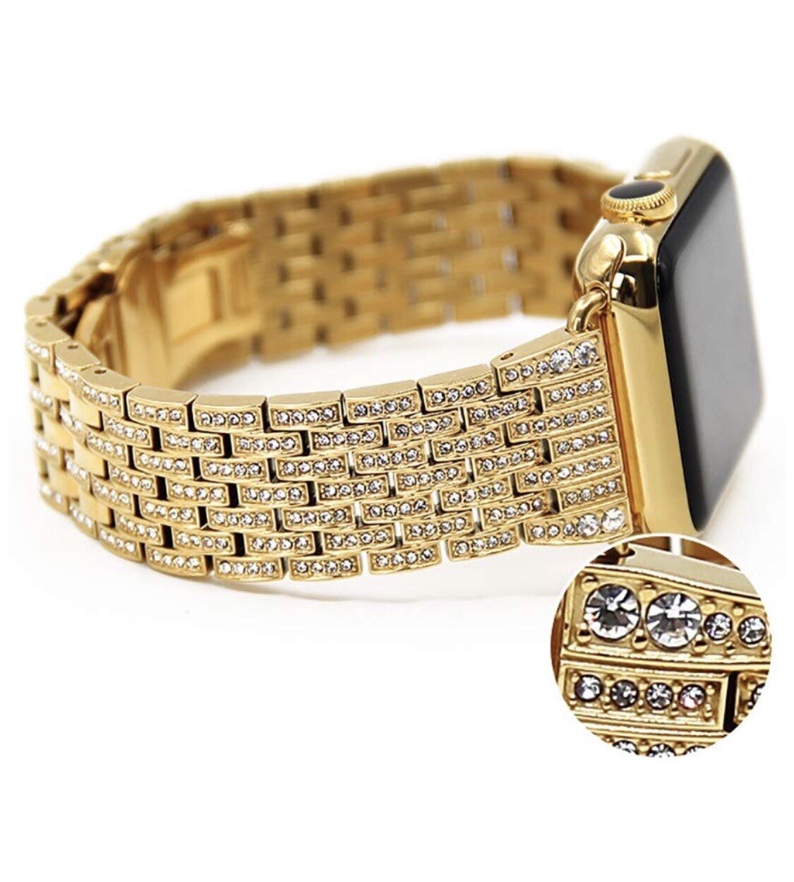 Custom 24k Gold Plated 42mm Apple Watch Stainless Steel Series 2 Rhinestone Band