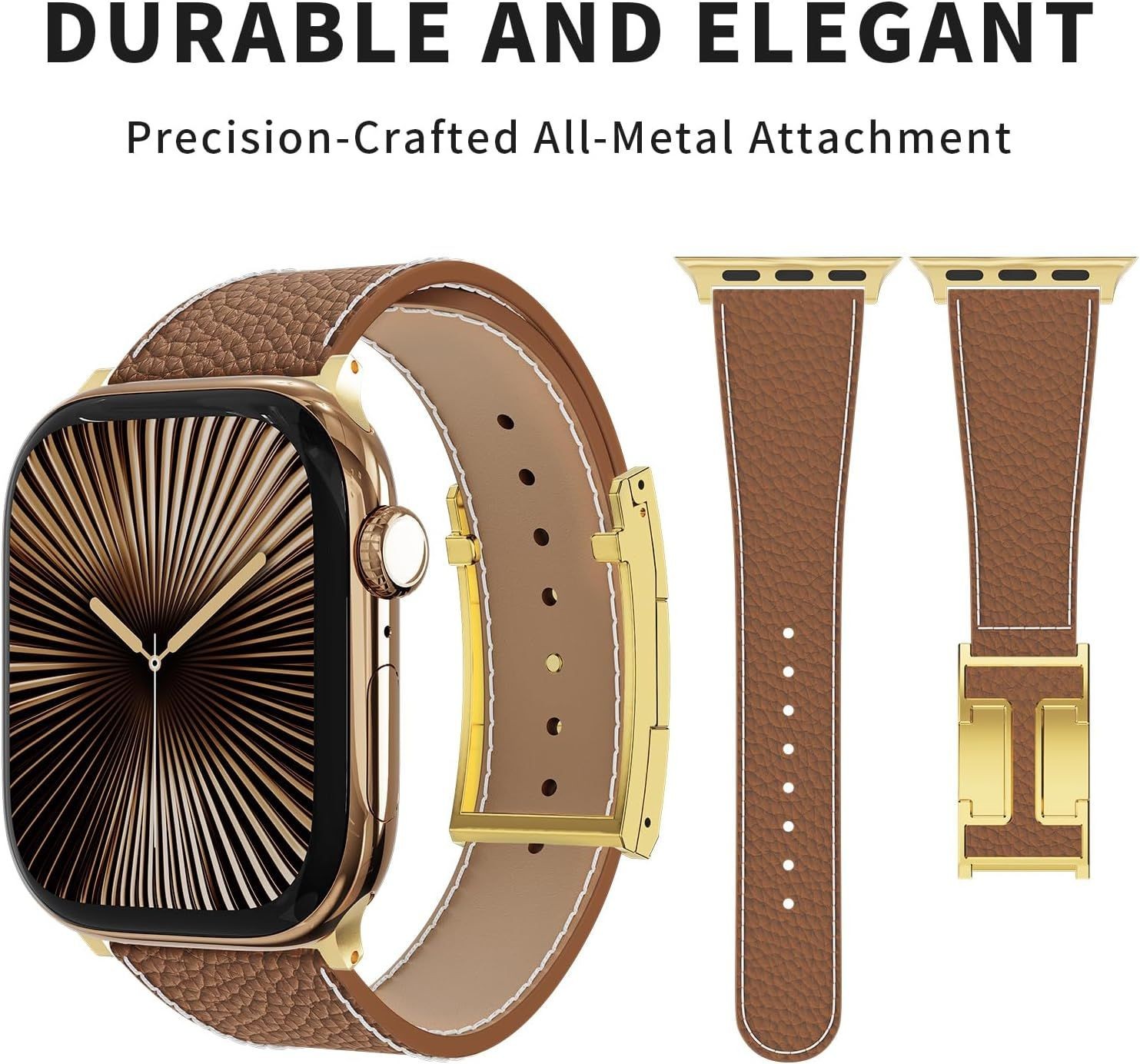 Brown Leather Magnetic Watch Band with Gold Buckle for Apple Watch Ultra 49mm