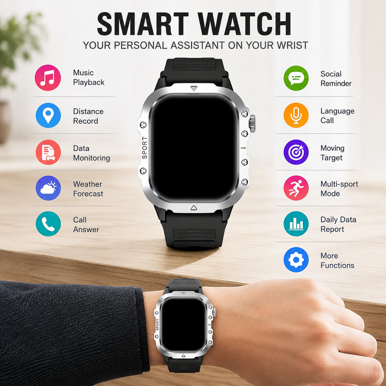Smart Watch 2.01″ Fitness Tracker for Android & iPhone LED Flashlight 100+ Sport