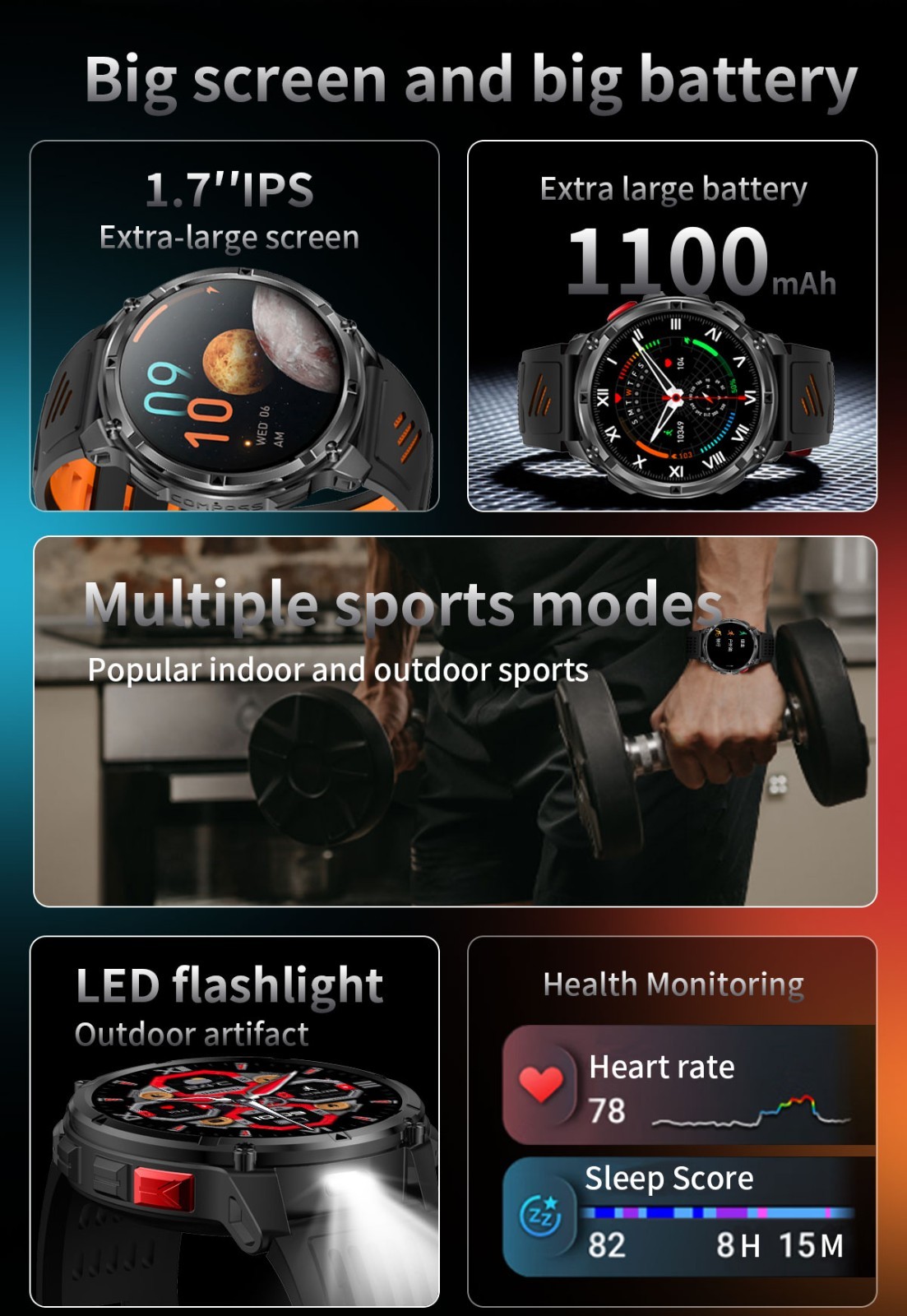 1.7″ Smart Watch Compass 1100mAh 3ATM Waterproof Fitness Tracker BT Call