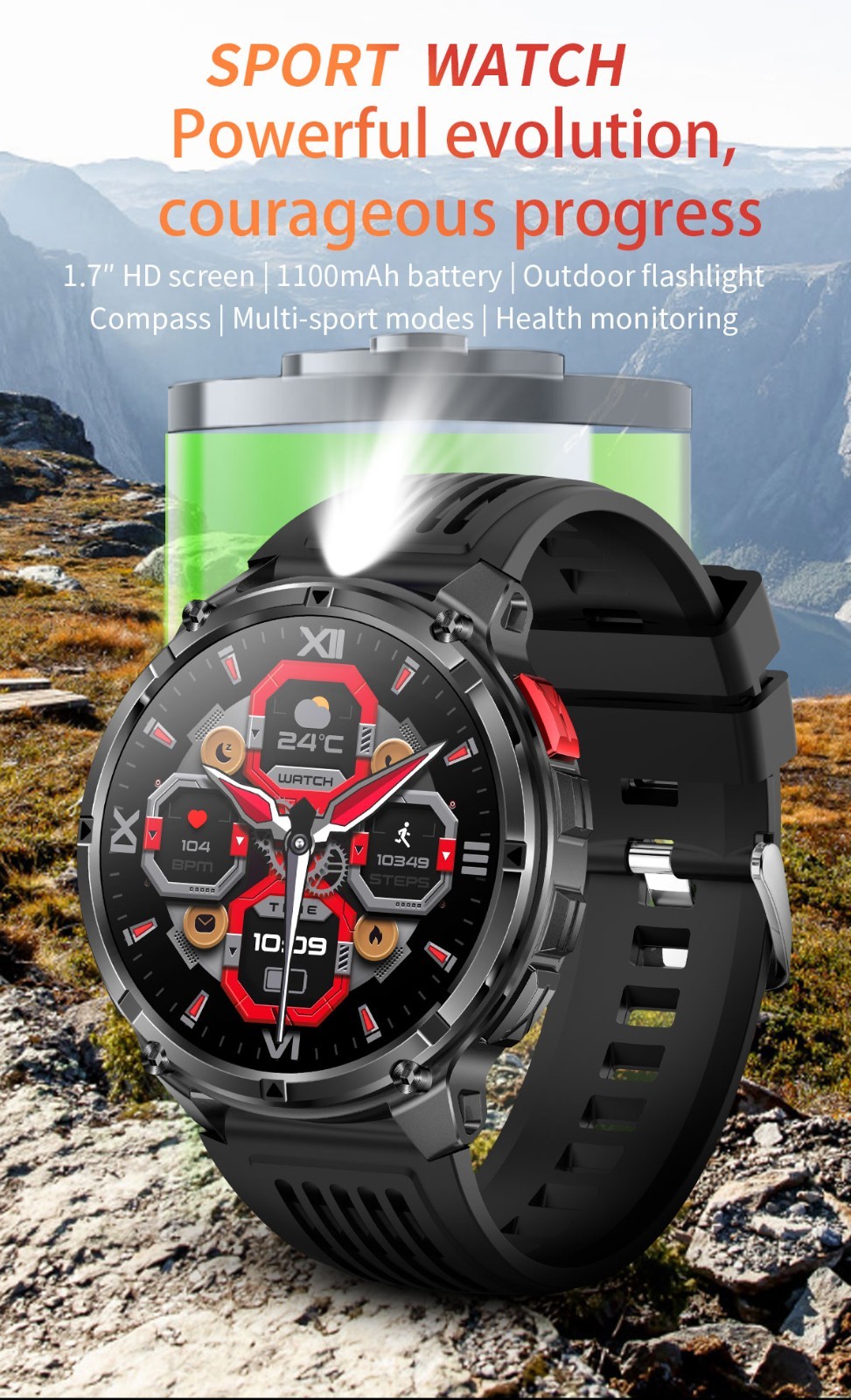 1.7″ Smart Watch Compass 1100mAh 3ATM Waterproof Fitness Tracker BT Call