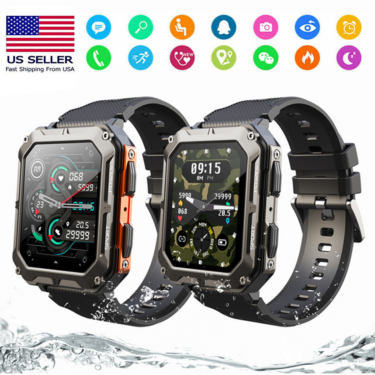 Smart Watch Military Rugged Style 5ATM Sports Heart Rate Fitness Tracker Outdoor