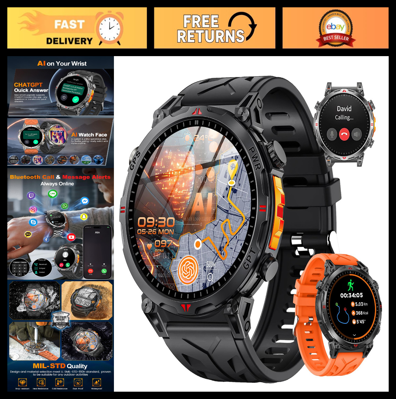 Military GPS Smartwatch for Men, 1.56″ AMOLED, Bluetooth Call, 100+ Sports Modes