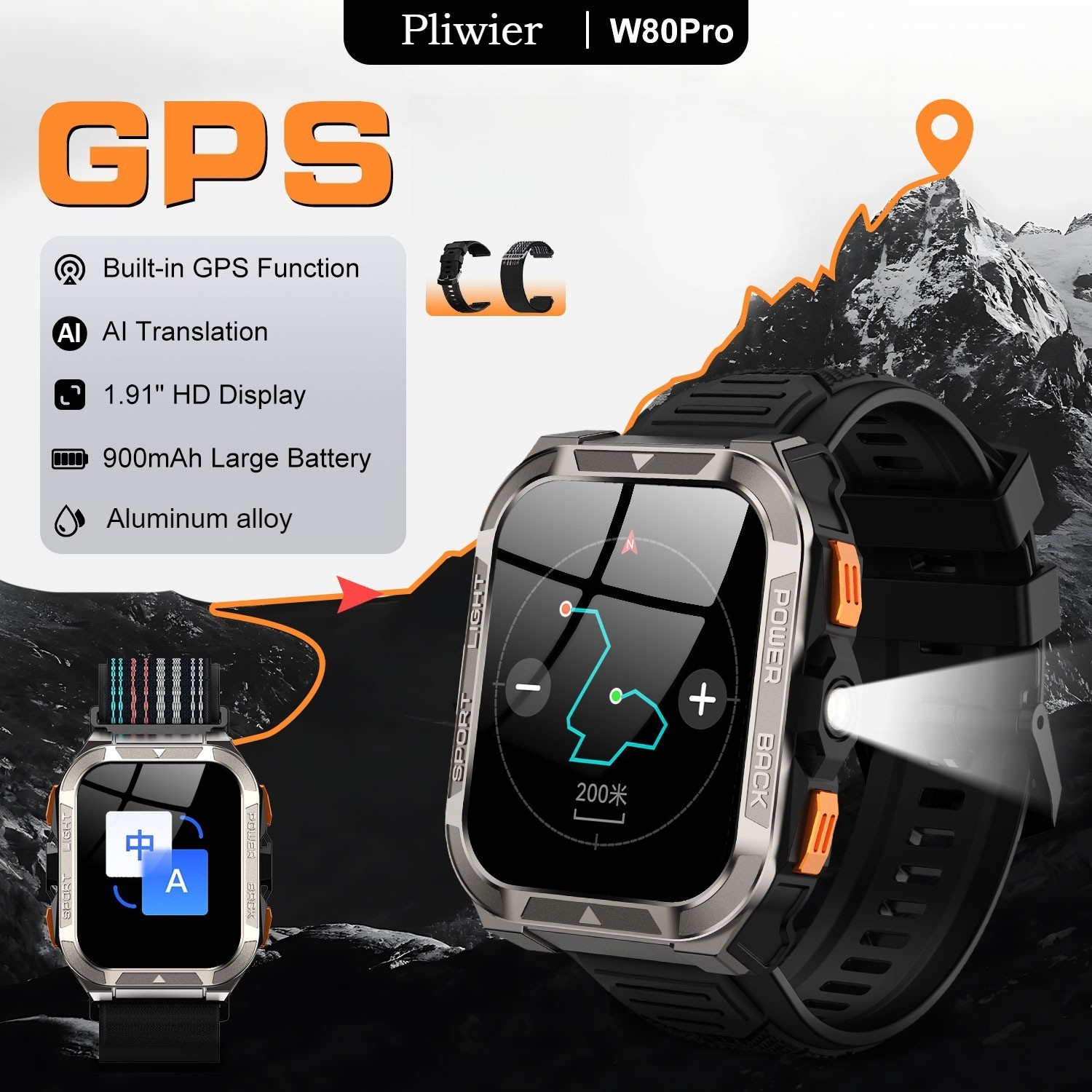 2026 NEW W80 Pro Rugged Smart Watch Men GPS Sport Tracker AI Translation Watch