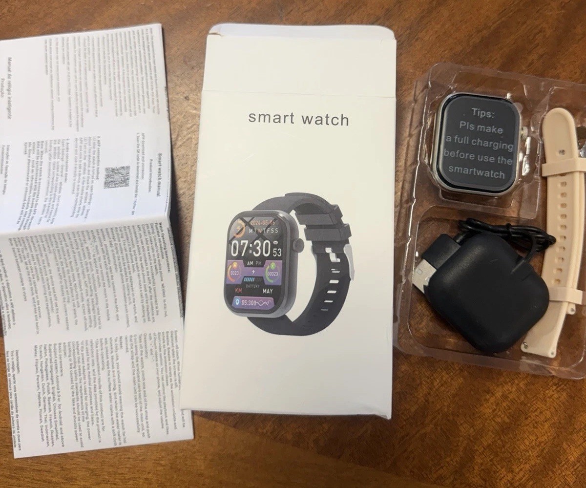 Smart Watch New In Box Black With Beige Silicone Band Manual