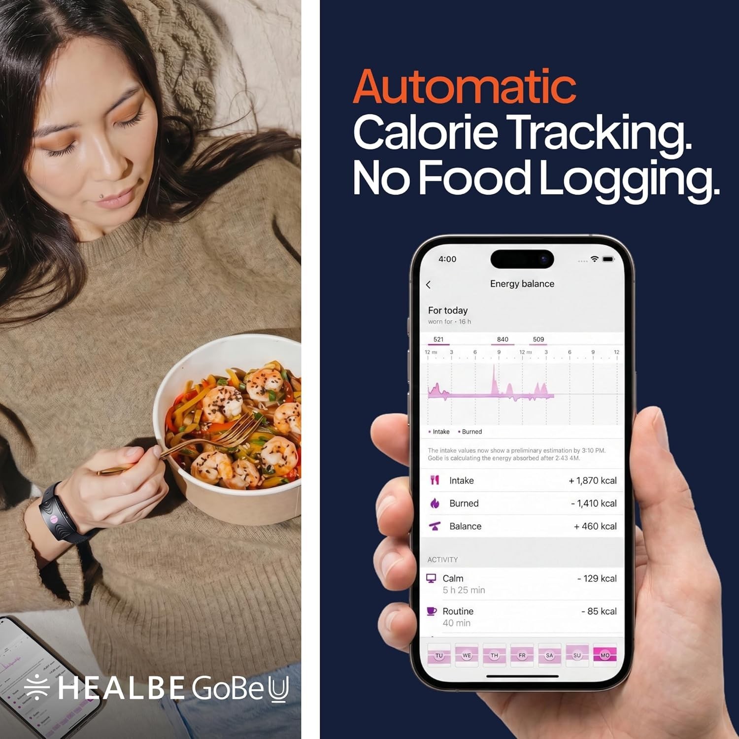 Automatic Calorie Intake Smart Band, Energy Balance Insights, Hydration, Sleep