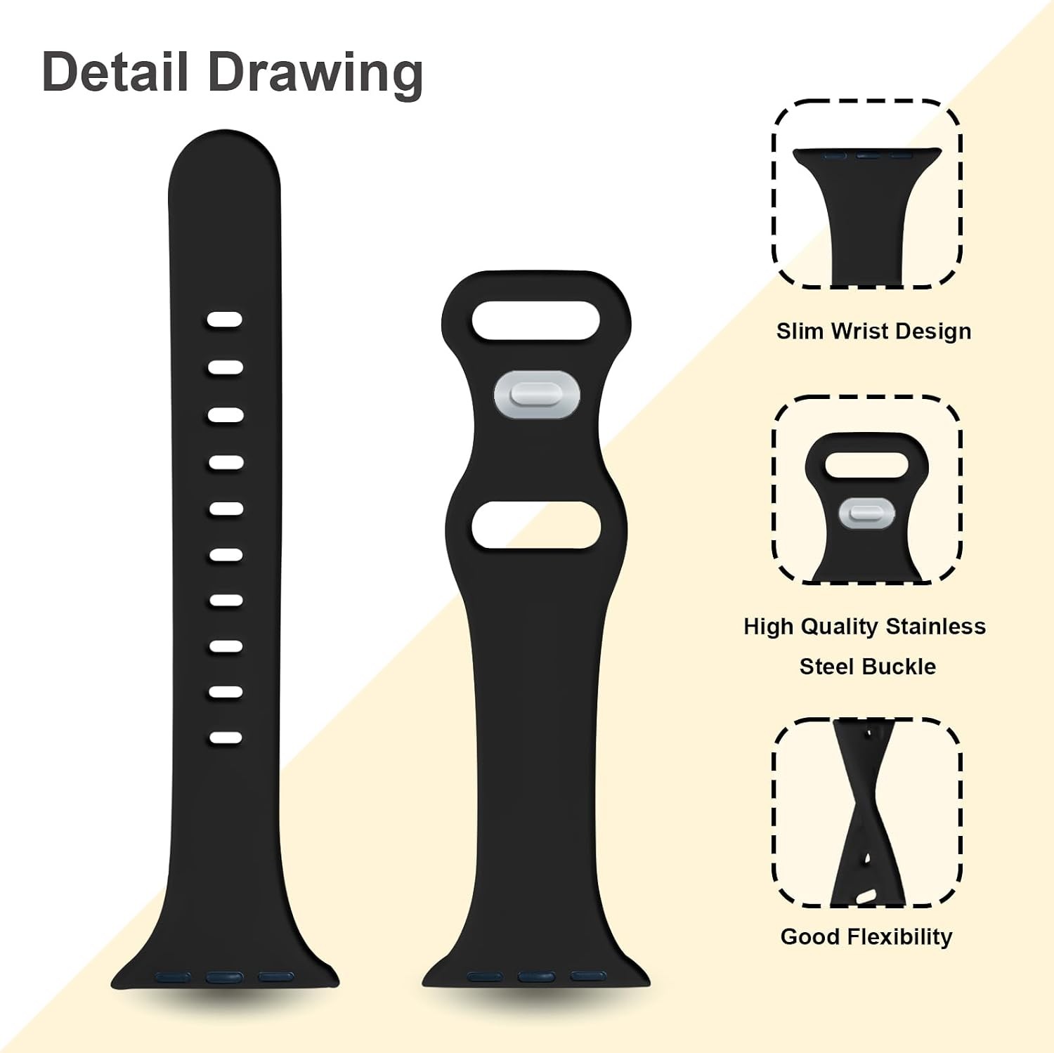 Narrow Black Silicone Band for Apple Watch Series 7, 38mm 40mm, Soft Sport Strap