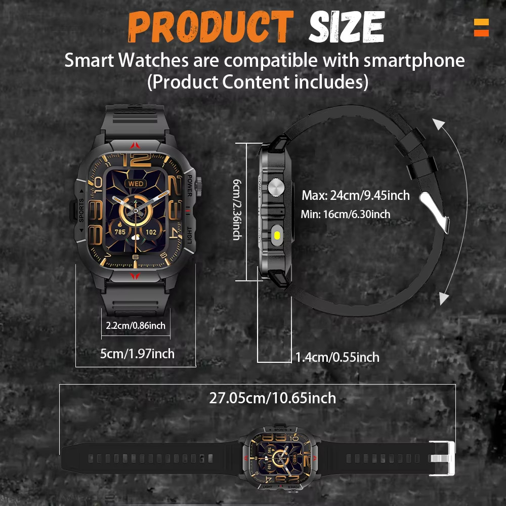 Smart Watch 2.01″ Display Men Sports LED Flashlight BT Call Health Monitor IP68