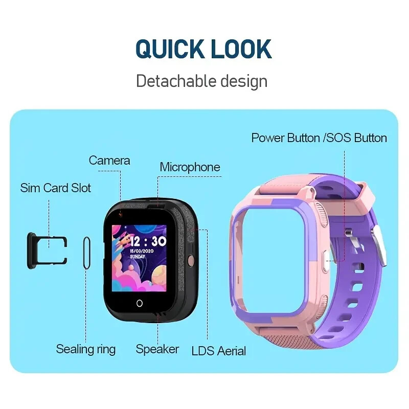 4G Kids Smart Watch Phone Video Call GPS+WIFI IP67 Waterproof SOS Call Black