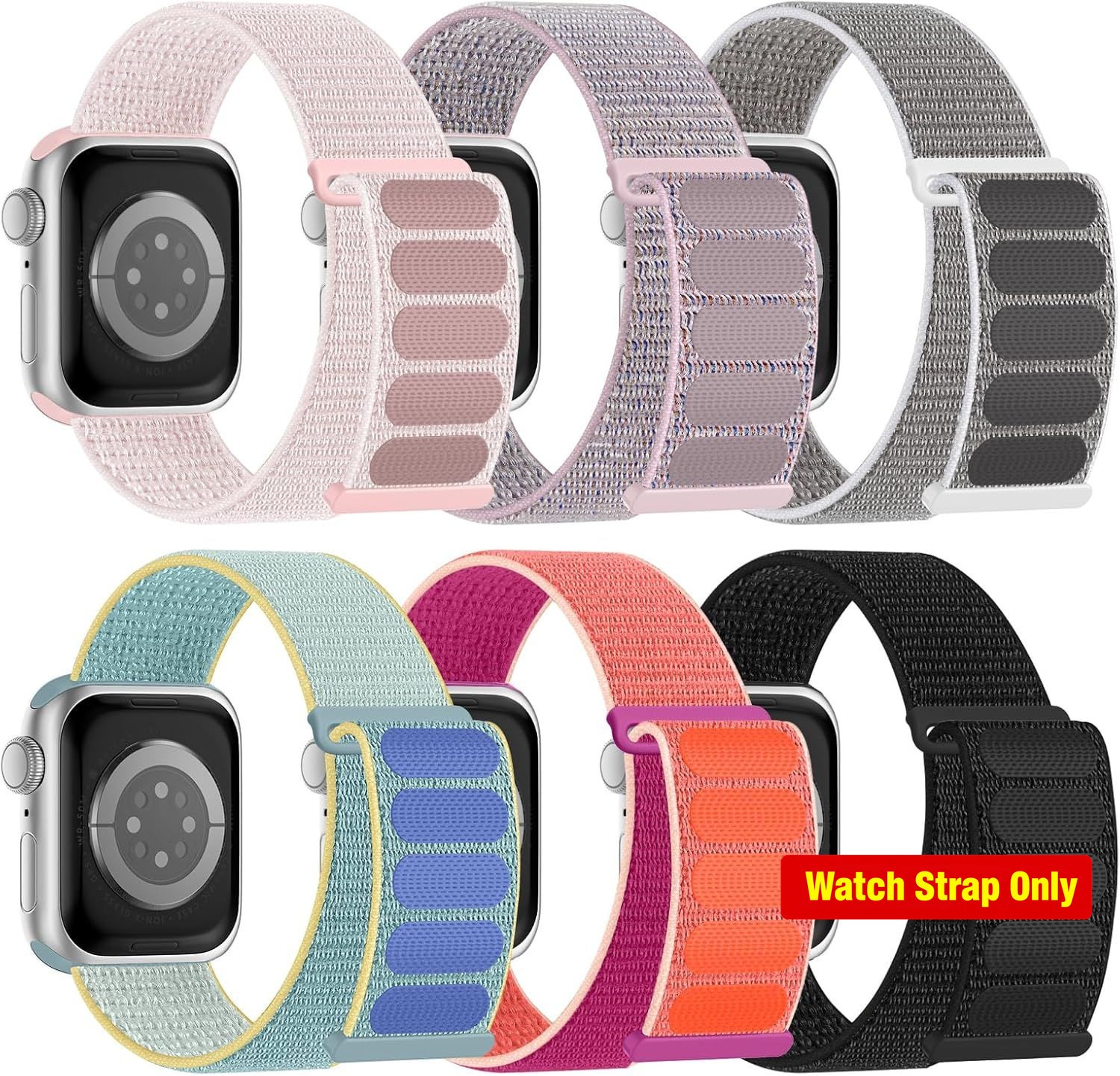 6 Pack Nylon Loop Sports Bands for Apple Watch 38mm 40mm 41mm Adjustable Straps