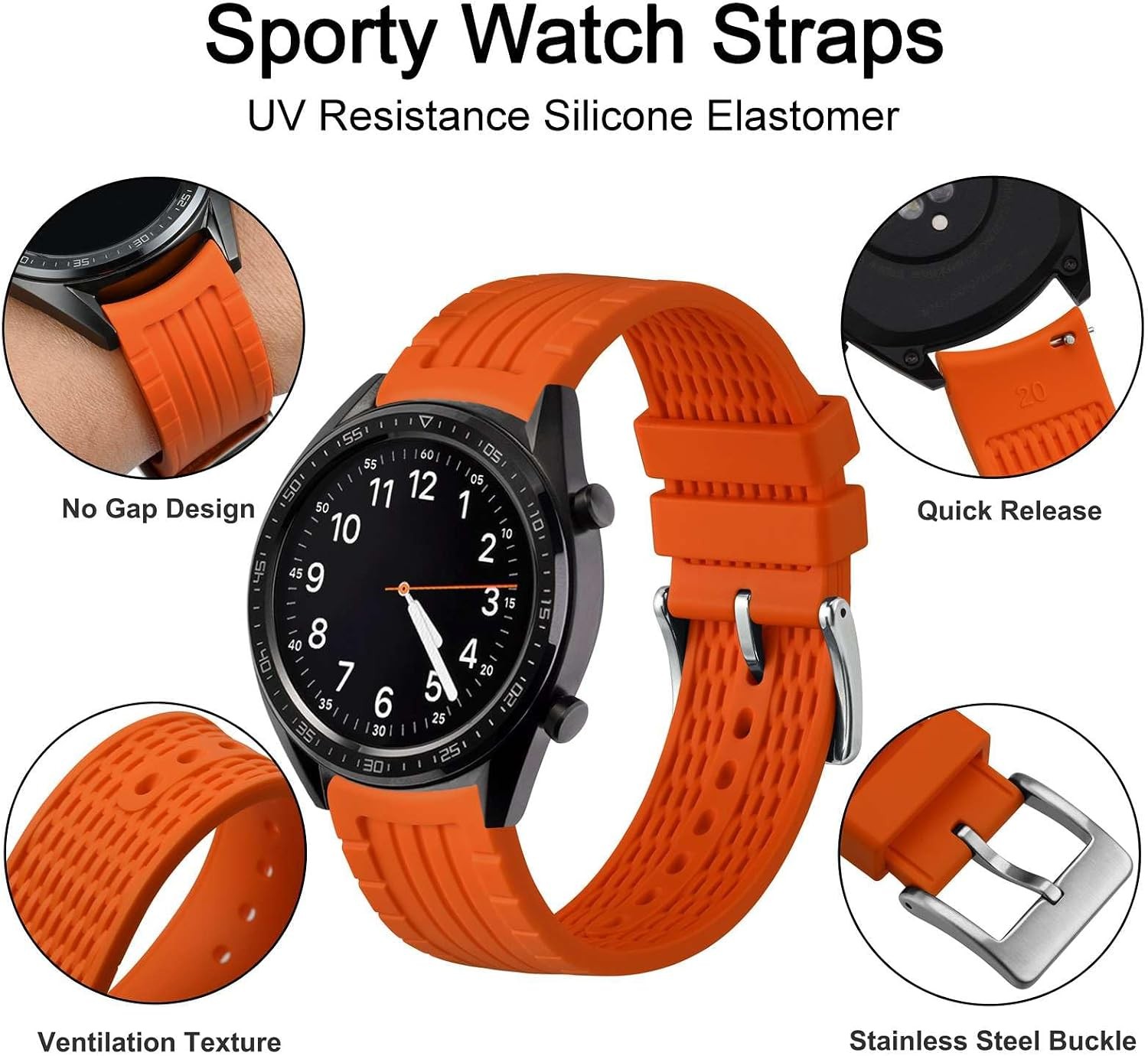 22mm Silicone Watch Band for Curved End Watches, Silver Buckle, Silky Touch