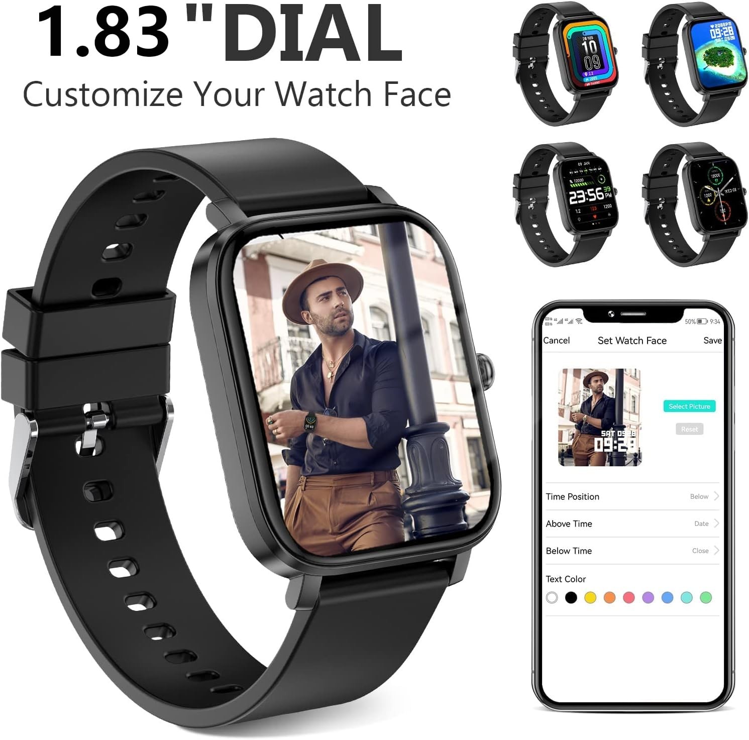 Smart Watch for Men Women SmartWatch 1.83″ iPhone Samsung 18.5, Black