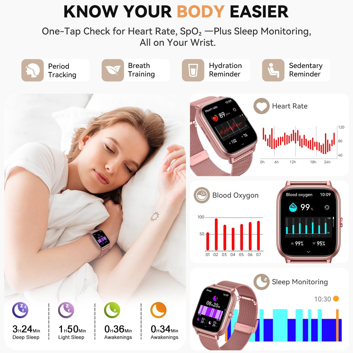 paybay Smart Watch for Women Men- 1000mAh Battery Answer/Make Call, Pink
