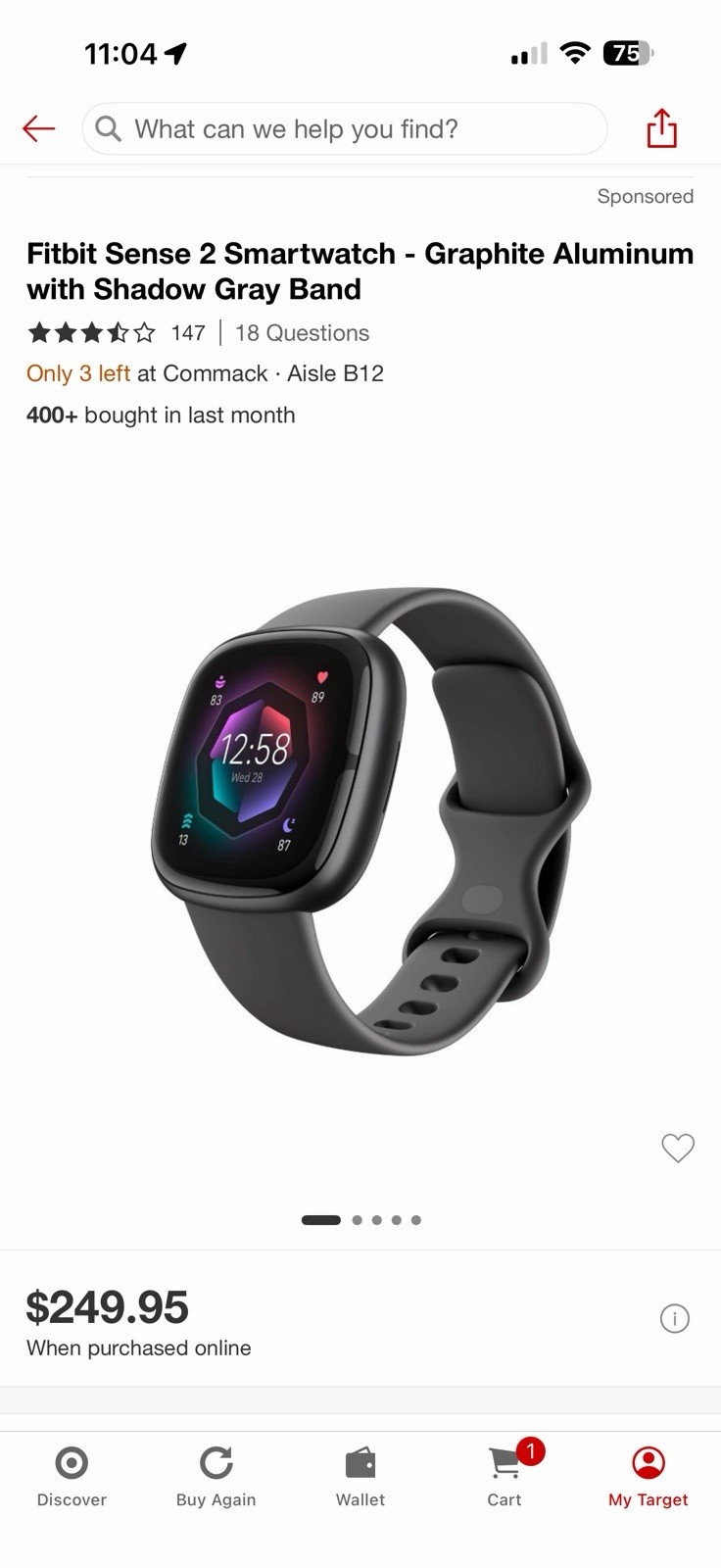 Fitbit Sense 2 Smartwatch Graphite Aluminum With Shadow Gray Band
