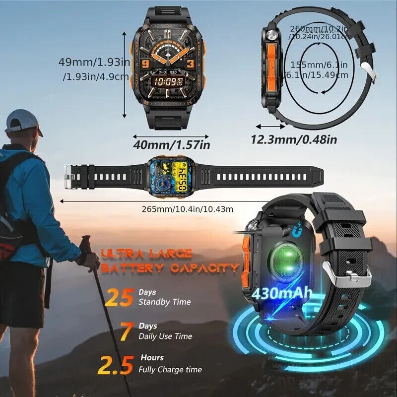 Military Smart Watch Waterproof 1.96″ AMOLED Screen Make/Receive Calls Fitness
