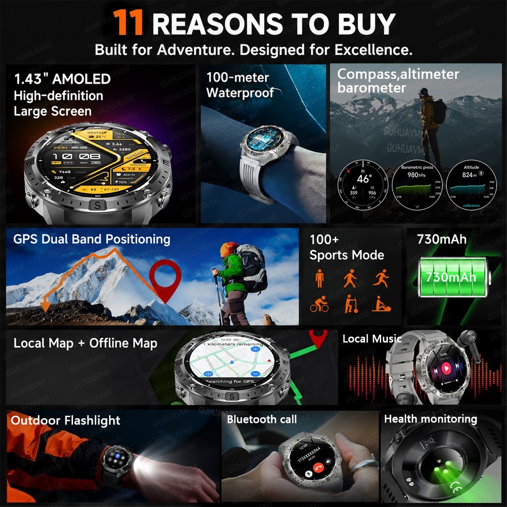 2026 GPS Smart Watch Dual Band GPS AMOLED 10ATM Military Bluetooth Call