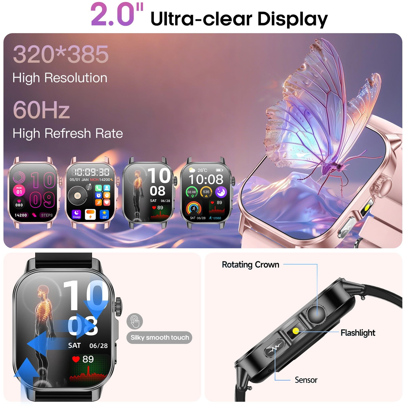 Yowow Bit Smart Watch For Men Women 2.0 Hd Display Blood Pressure Oxygen Heart