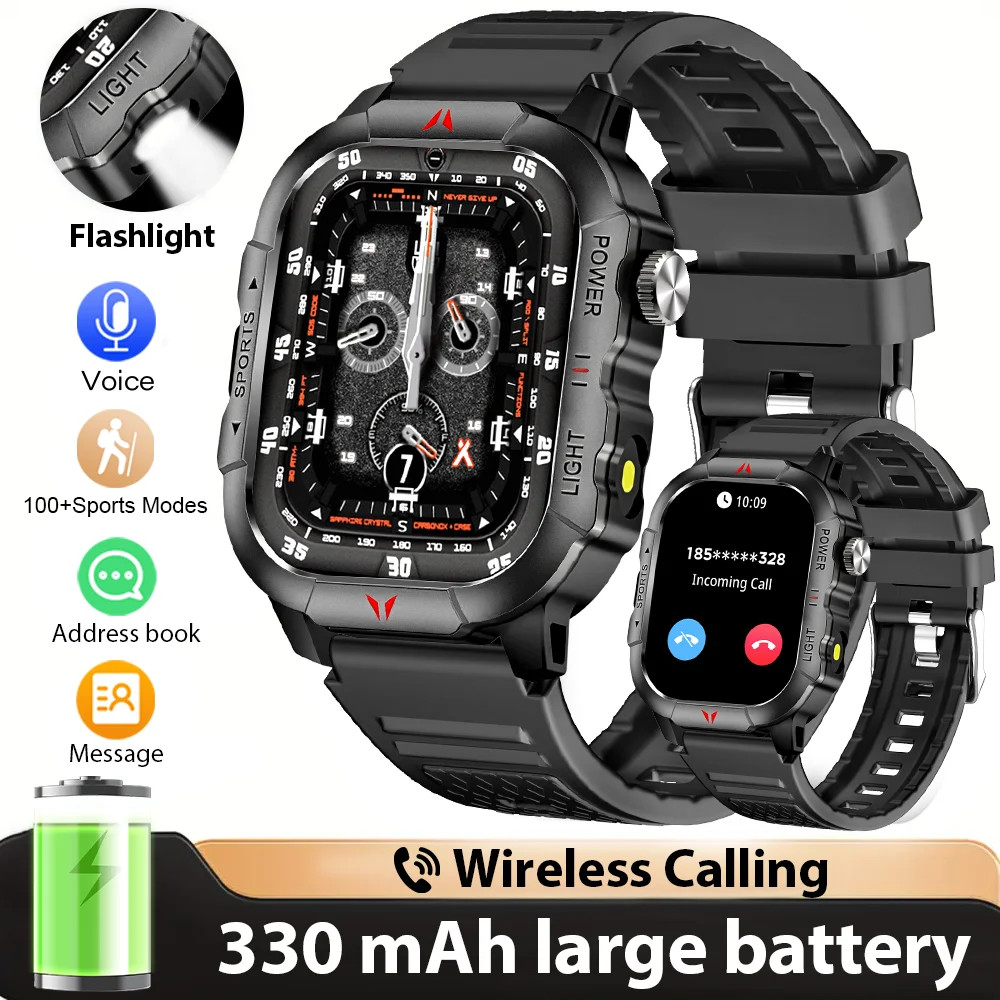 Smart Watch 2.01″ Display Men Sports LED Flashlight BT Call Health Monitor IP68