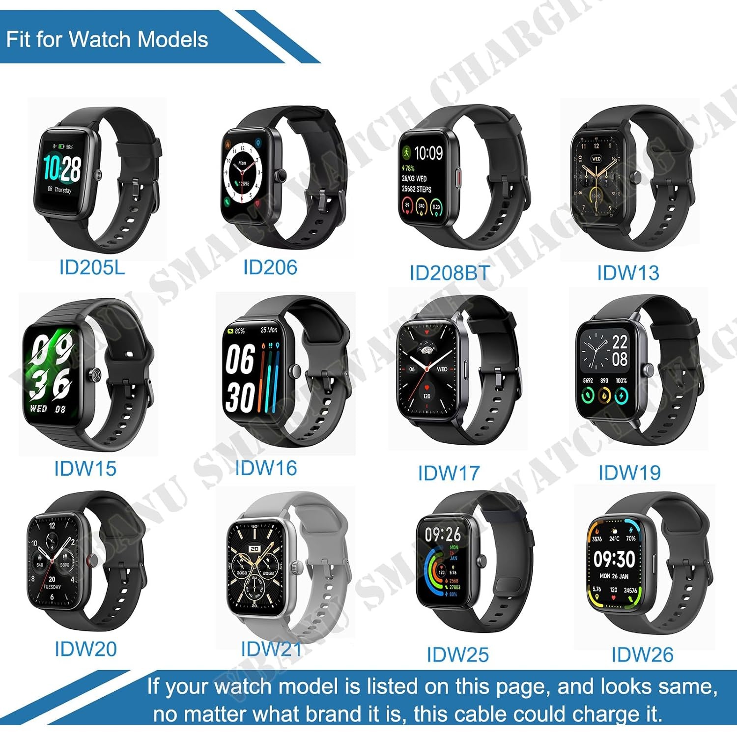 Smartwatch Charger for ID208, GTX20, IDW13/15/16/17, IDW19/20/25/26/28, 3.3 ft