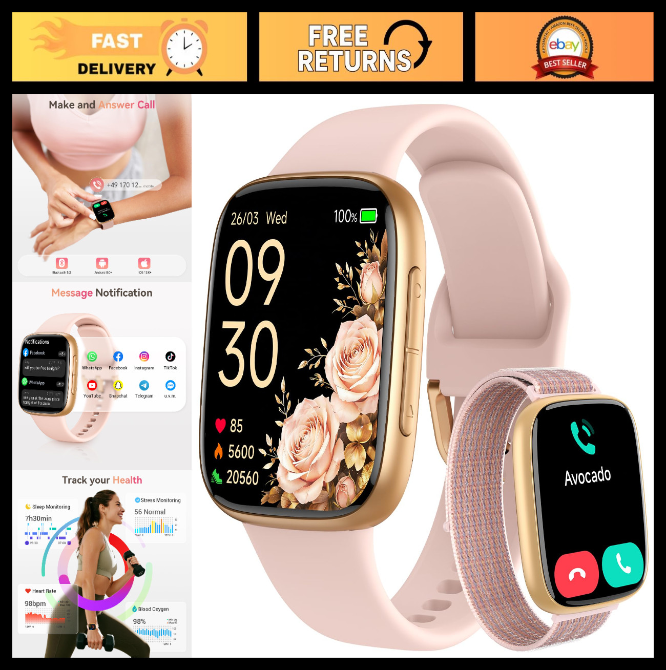Smart Watch for Women – 1.85″ AMOLED, Call Function, 3ATM Waterproof, Fitness Tr