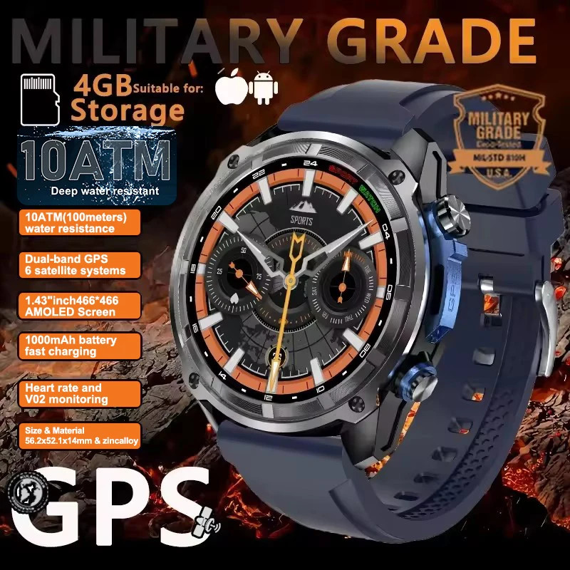 2025New Men Military GPS Map Smart Watch T-Rex3 Compass 4GB Memory 1000Mah Batte