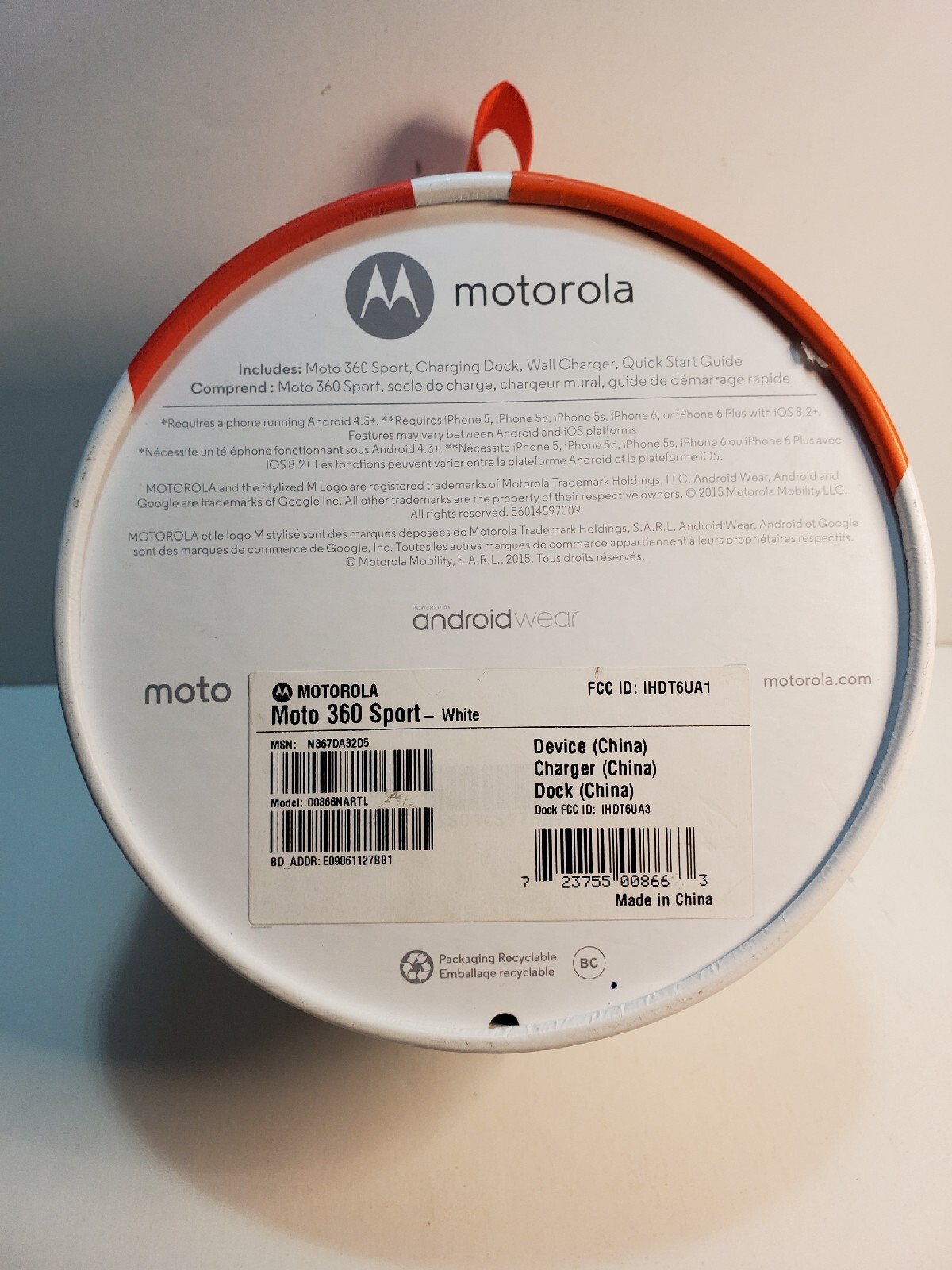 New Motorola Moto 360 Sport 45mm Silicone/Rubber Case White Sport Band Free Ship