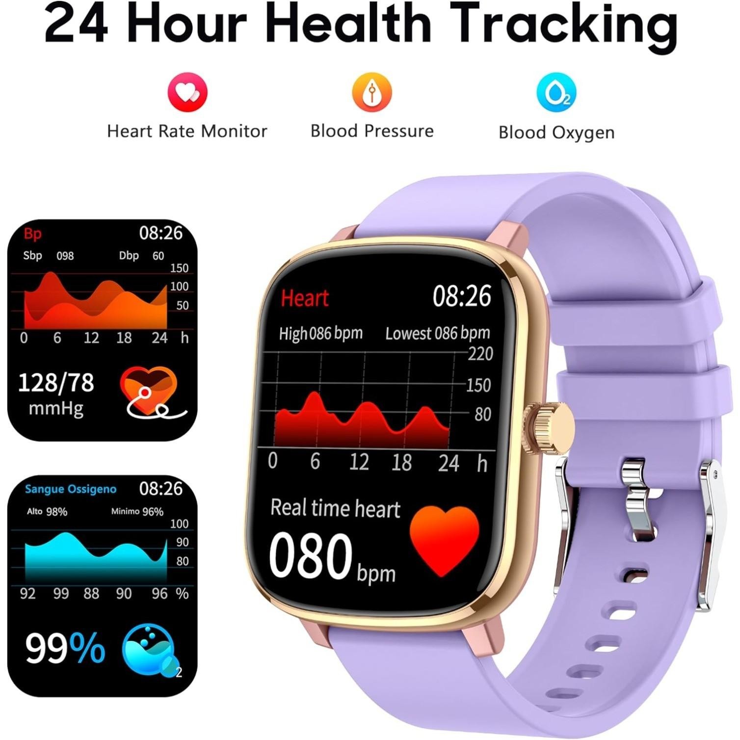 1.69”Smart Watch with Heart Rate, Blood Pressure, Blood Oxygen & Sleep Monitor