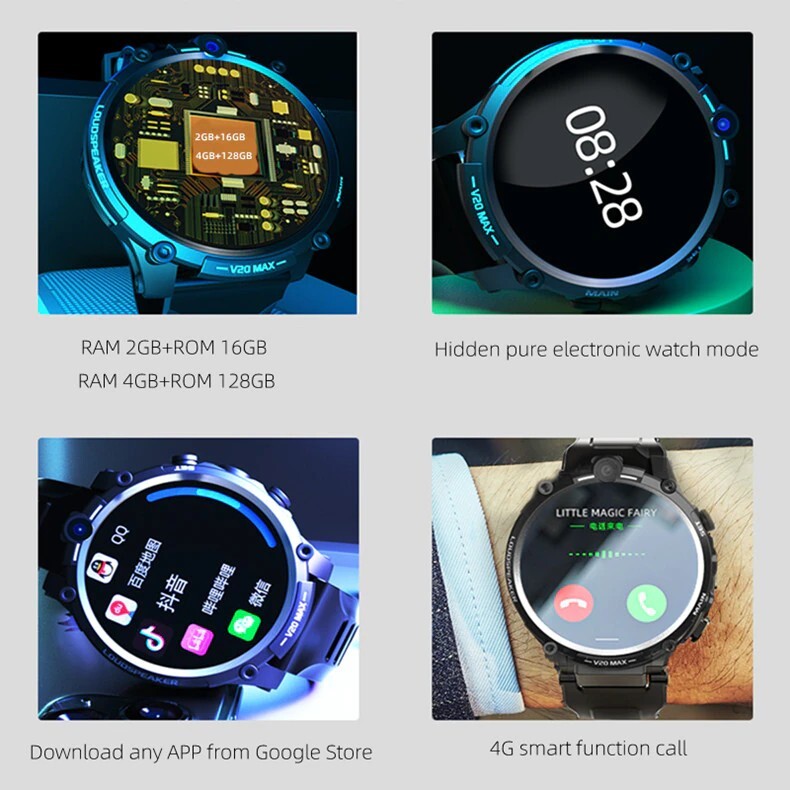 V20 Max 1.6 inch 4G LTE (4GB/128GB) Dual Cam Wi-Fi Sports Pedometer Heart, New