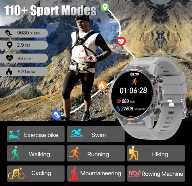 WalkerFit Smart Watch for Men- AMOLED Display, 60 Days Extra-Long Battery, Water
