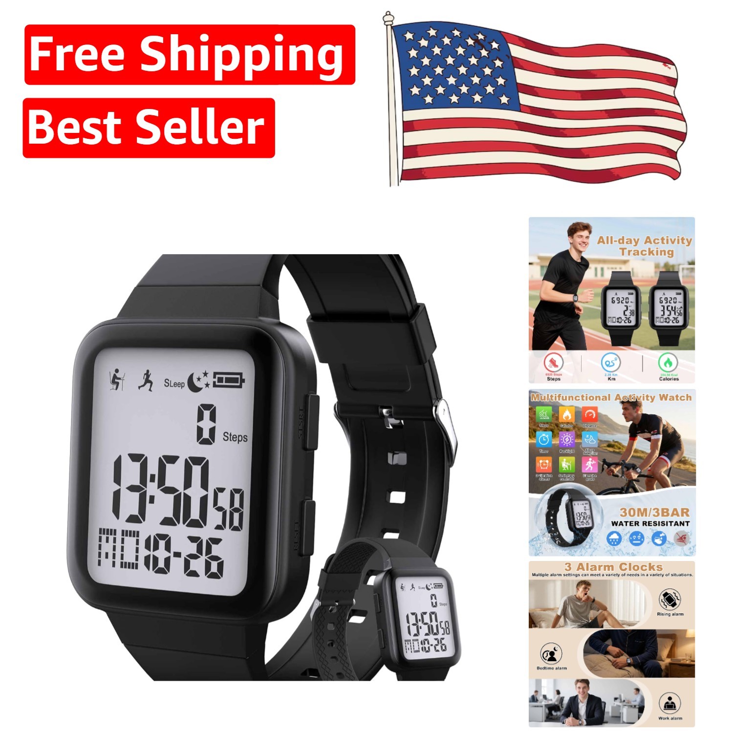 Fitness Tracker Digital Watch with EL Backlight & Vibration Alarms – All Ages