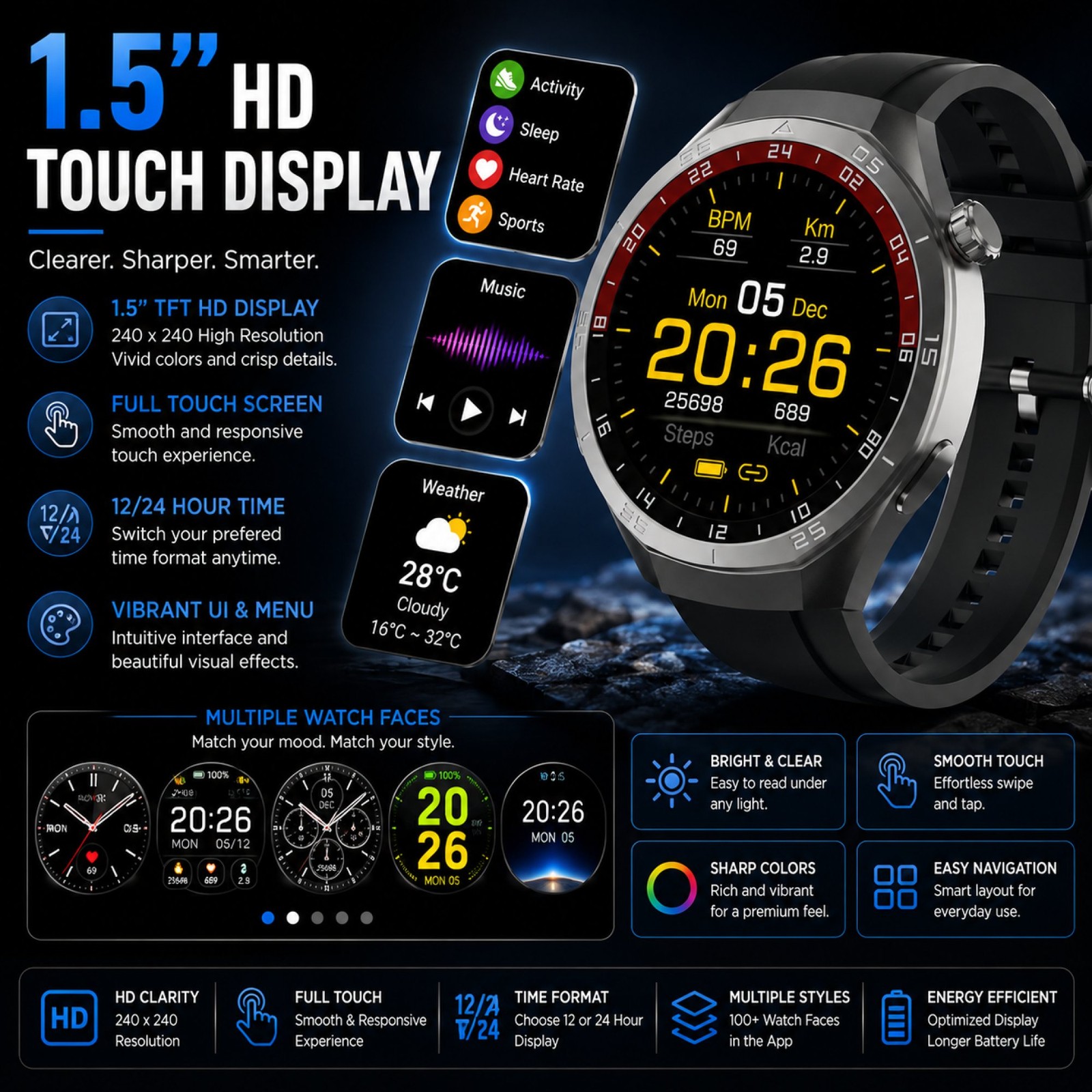 Gravity GWX3SV Smart Watch Bluetooth Calling 1.5″ HD Heart Rate Fitness Silver
