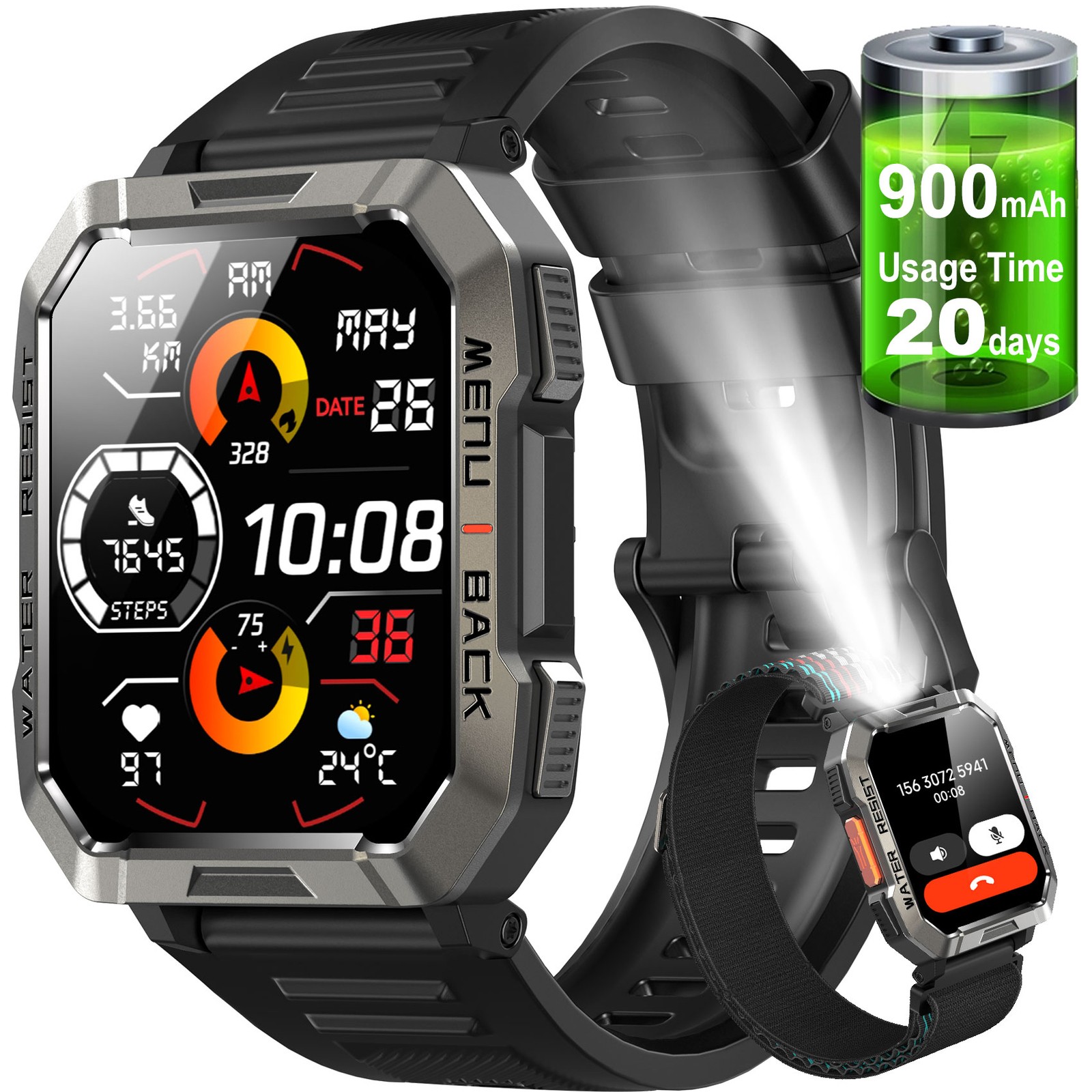 Military Smart Watches for Men Bluetooth Call (Answer/Make Call) 5ATM Waterproof