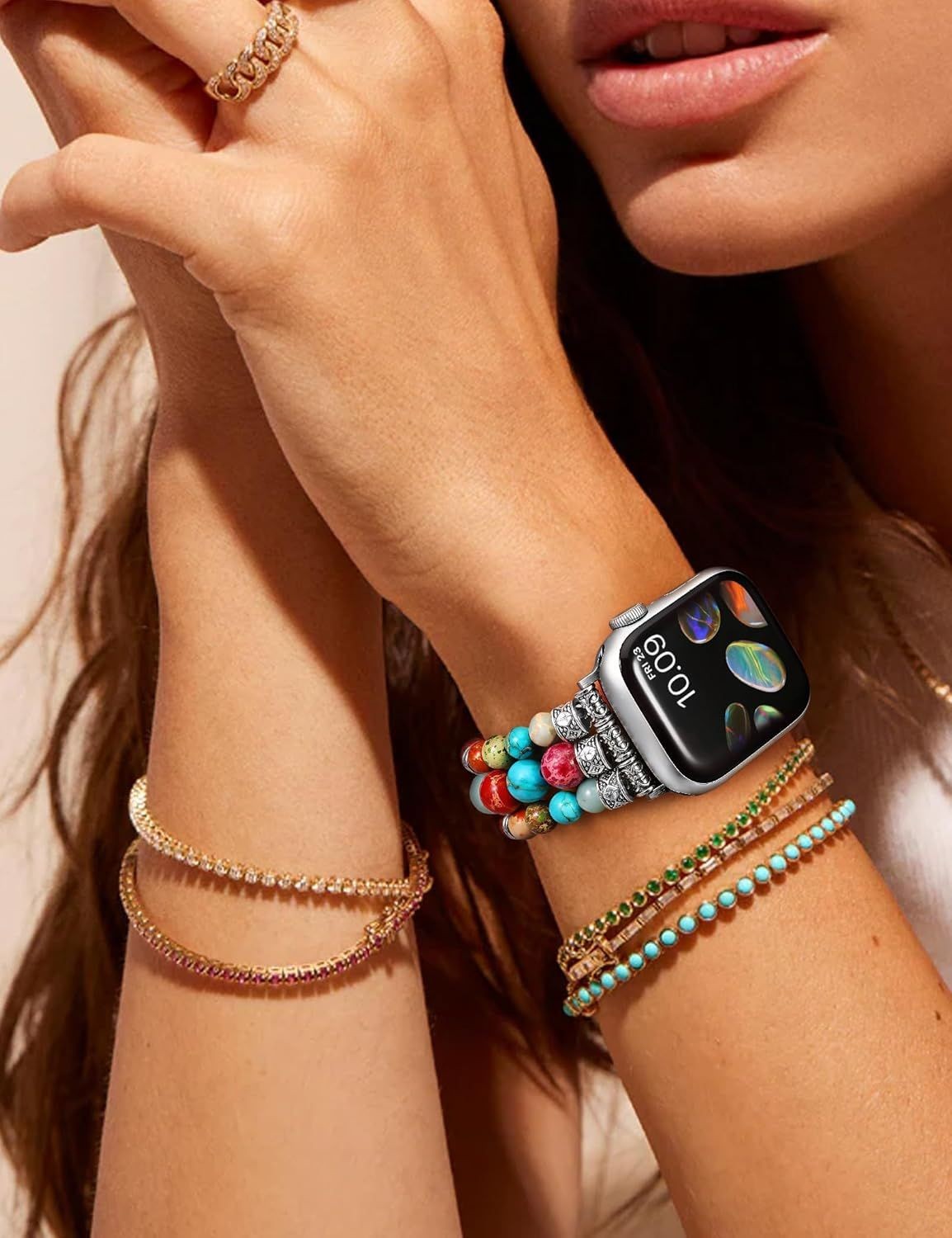 Boho Beaded Bracelet for Apple Watch 38-49mm Series 1 SE Ultra, Vibrant Chakra
