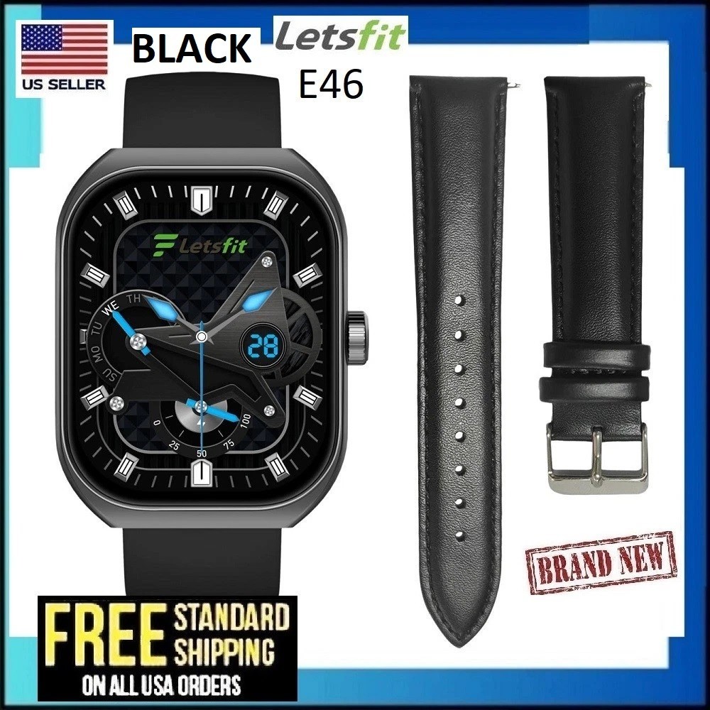 Letsfit E46 Smart Watch Black Bezel w/ 2 BLACK Bands Fitness Tracker Bluetooth