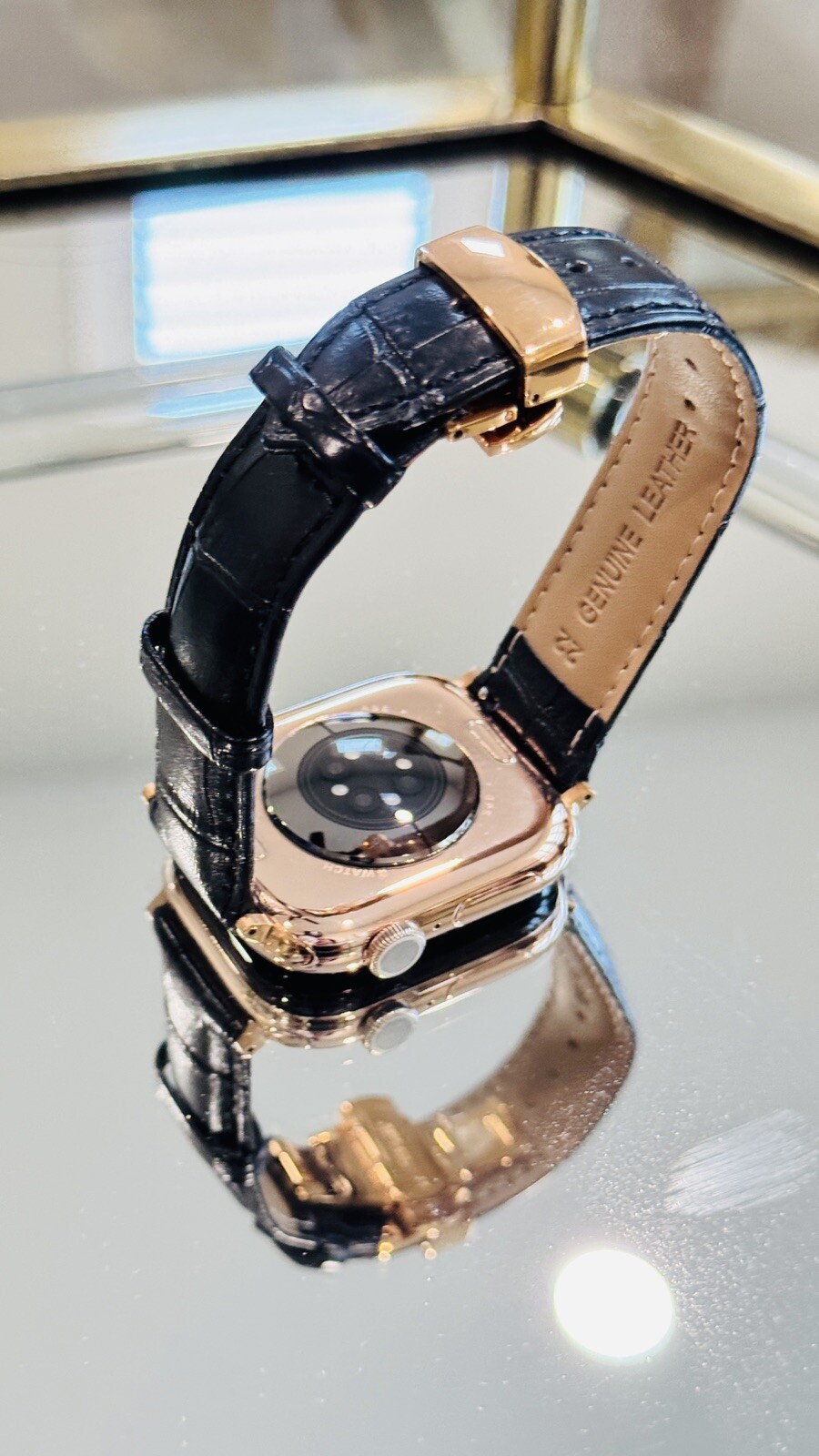24k ROSE Gold Plated Apple Watch Series 10 46mm Black Leather Band CUSTOM