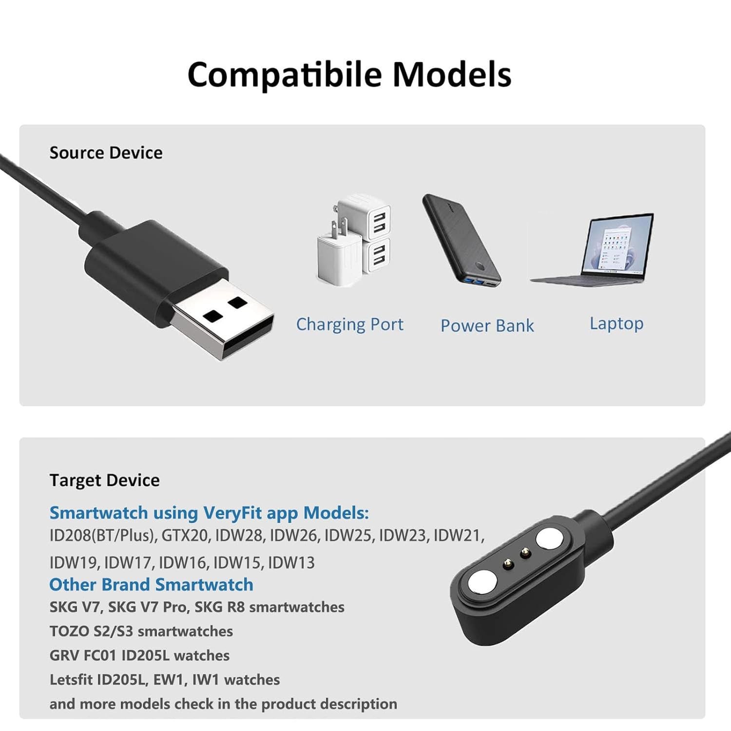 Smartwatch Charger for ID208, GTX20, IDW13/15/16/17, IDW19/20/25/26/28, 3.3 ft