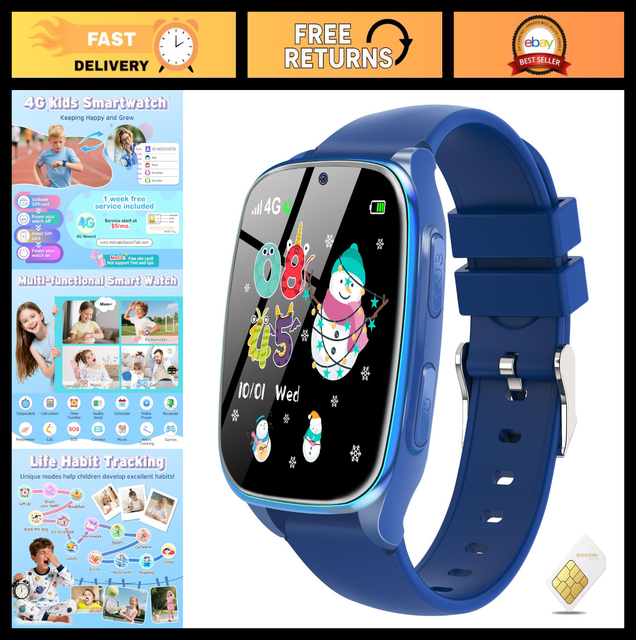 4G Kids Smart Watch with SIM Card, SOS Call, Camera, Music & Games – Gift for Ag