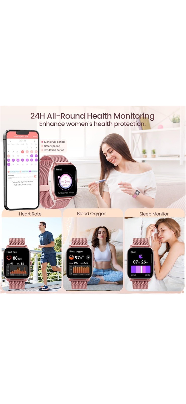 Pink Smartwatch for Women Android iOS Phones 1.83″ Touch Screen Call & Fitness