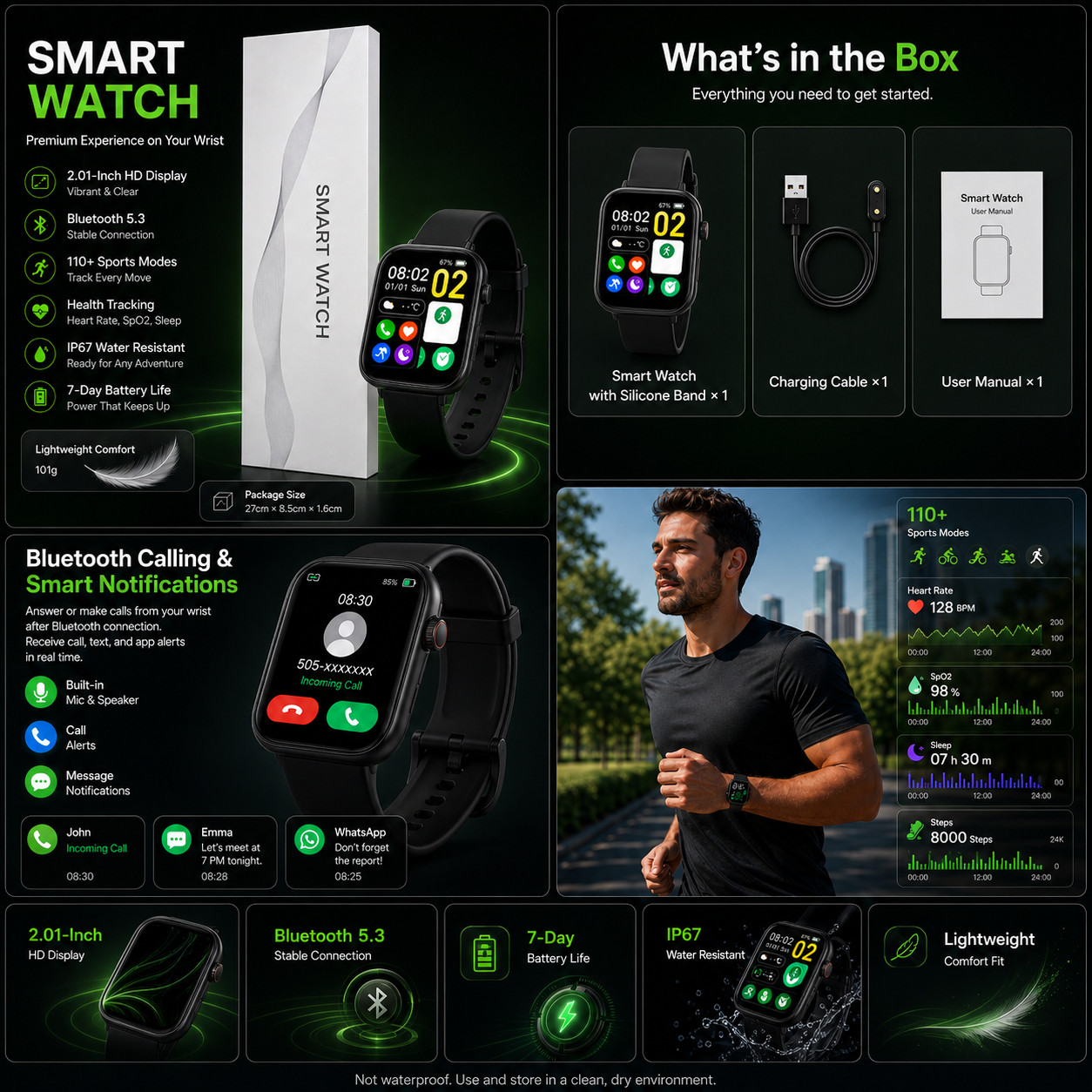 Smart Watch with Call Function Sleep Activity Tracker Black Silicone Band