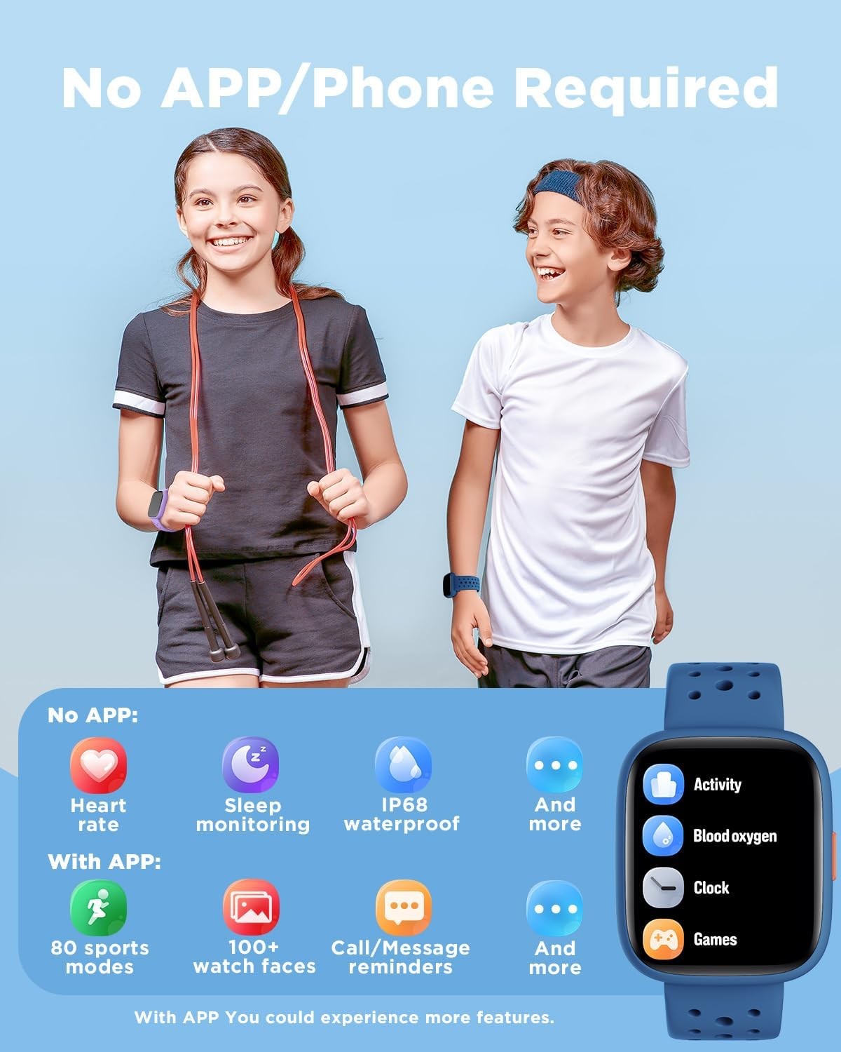 BIGGERFIVE Smart Watch for Kids No APP Phone Needed, 1.8″ Fitness Blue