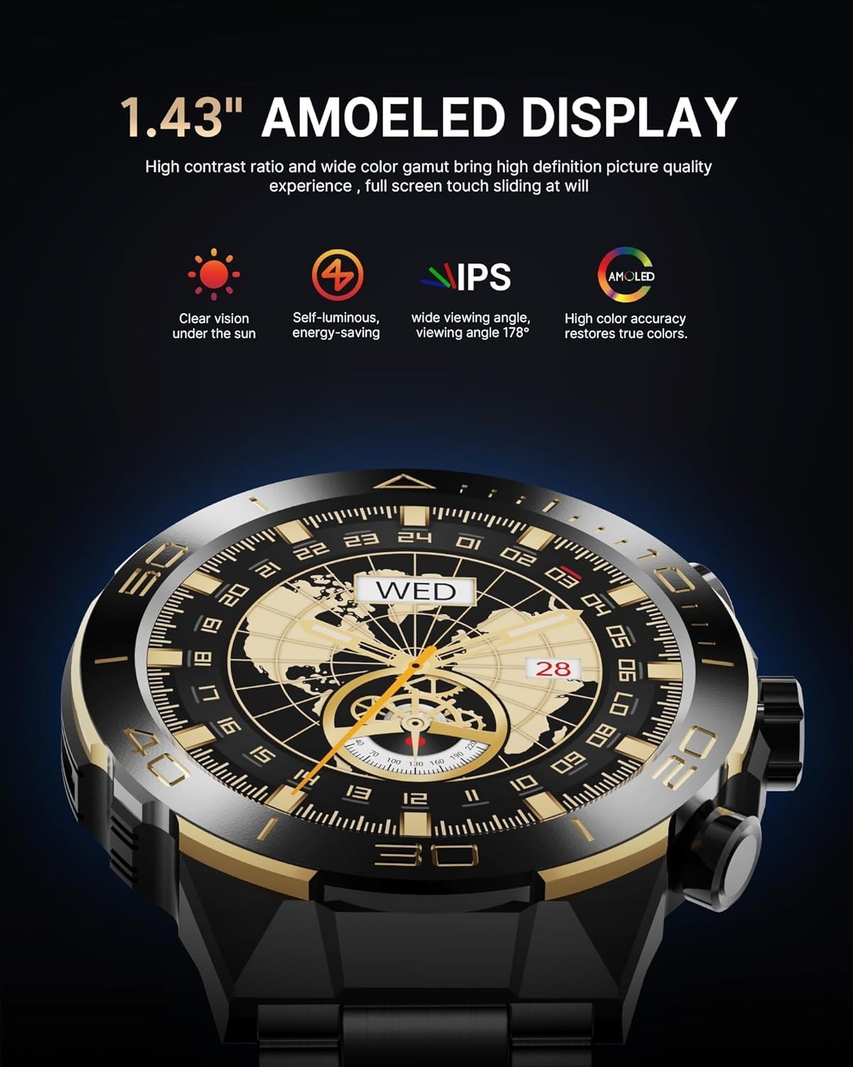 Reloj Inteligente De Lujo Para Hombre Pantalla HD 1.43″ 400mAh 2 Correas NEW US