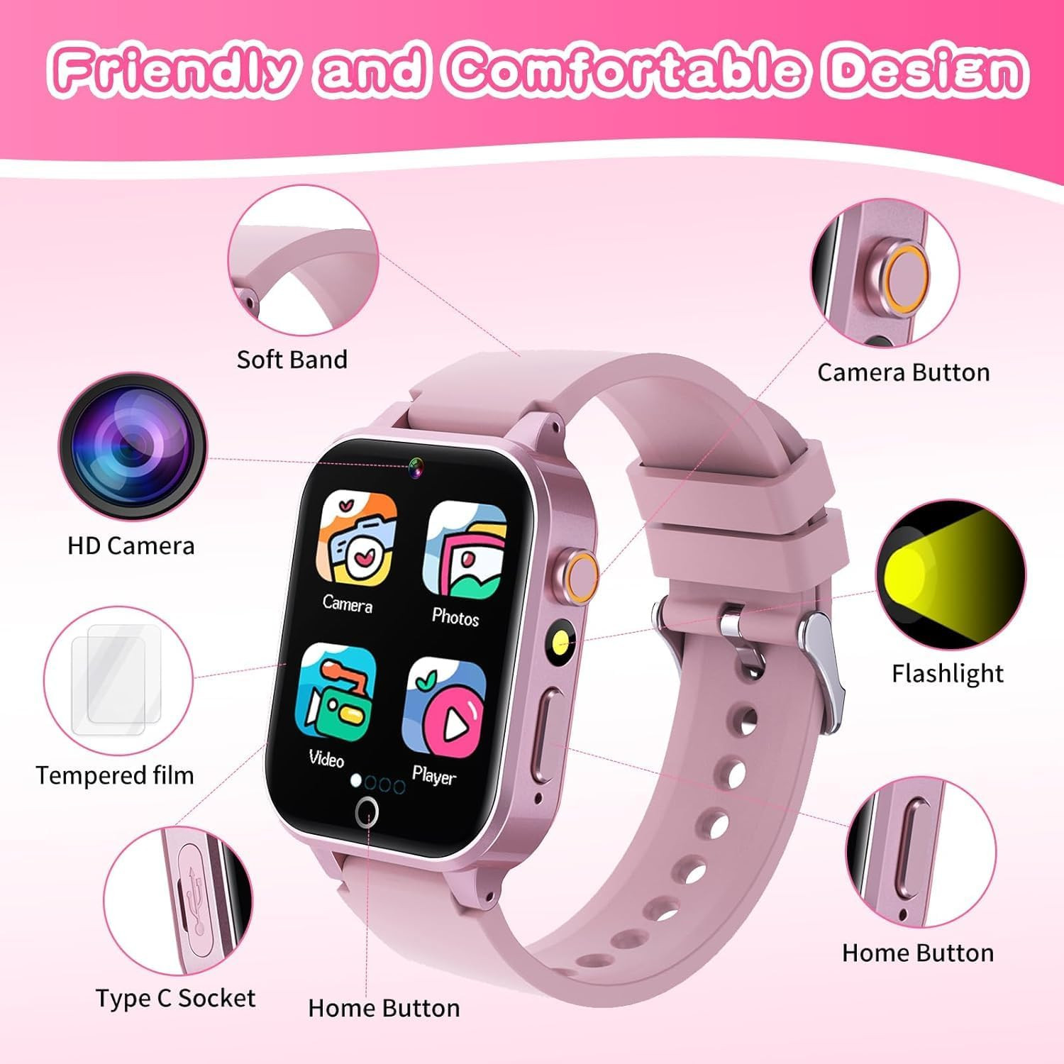Kids Smart Watch Gift for Girls Age 5-12, 39 Games HD Touch Screen Watches with
