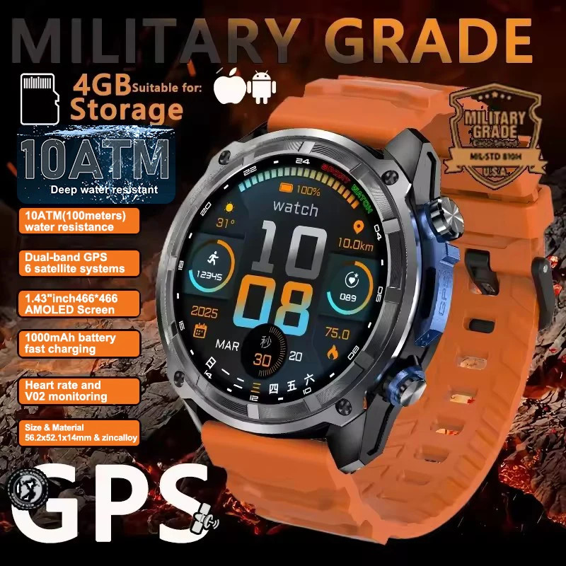 2025New Men Military GPS Map Smart Watch T-Rex3 Compass 4GB Memory 1000Mah Batte