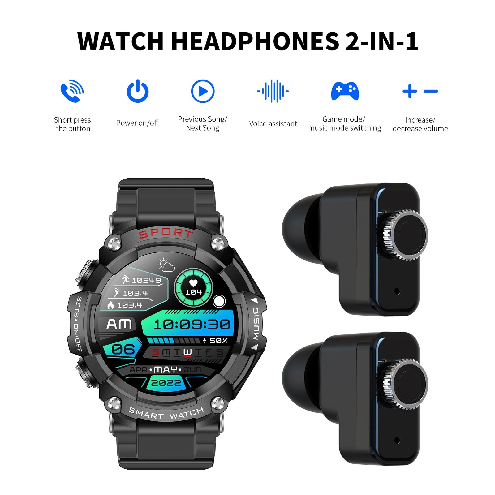 Smartwatch iPhone Android Bluetooth Answer/Call Built-in Earbuds 1.52″ HD