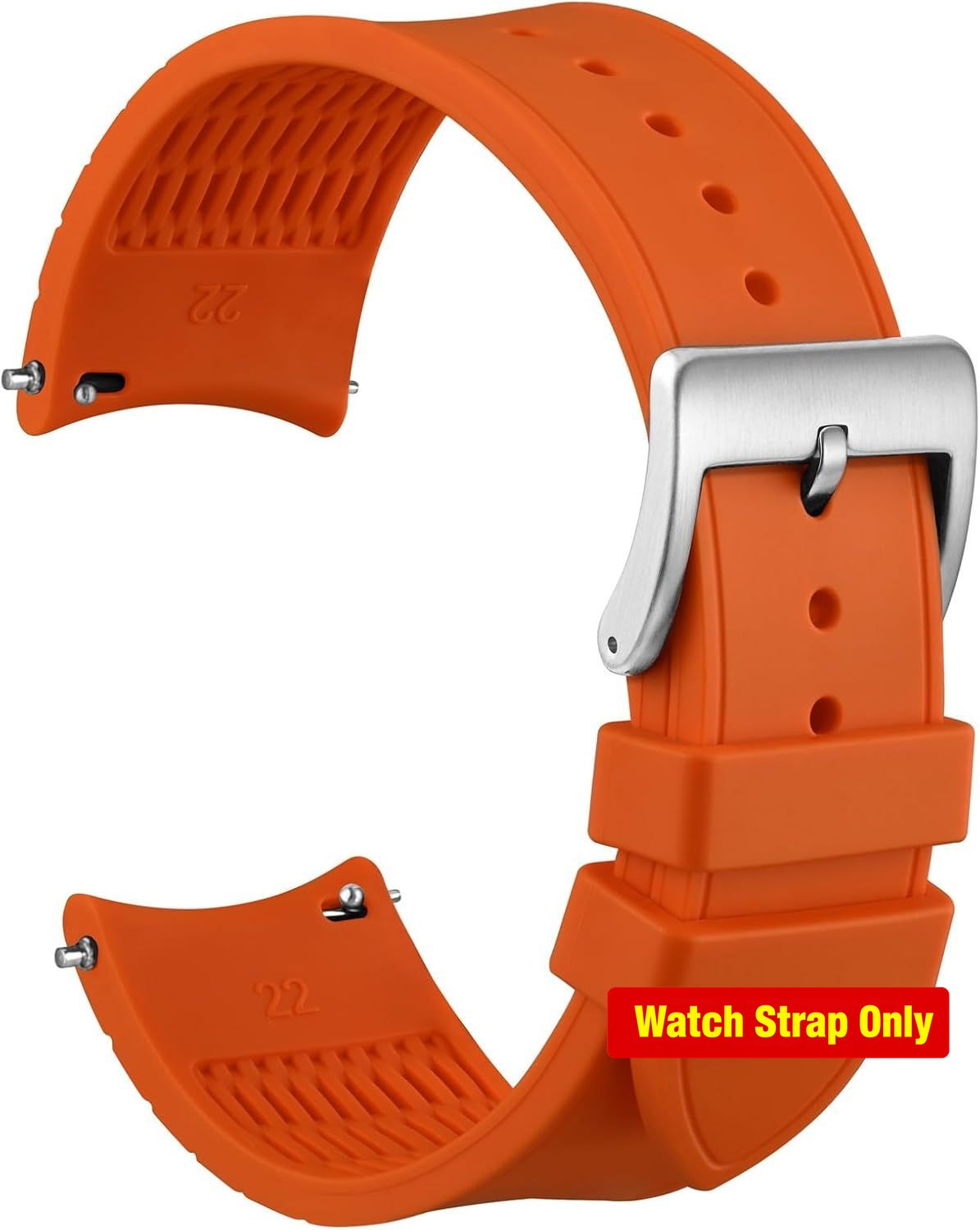 Strap For 22mm, Curved End, Silky Touch Silicone, Silver Buckle, Orange